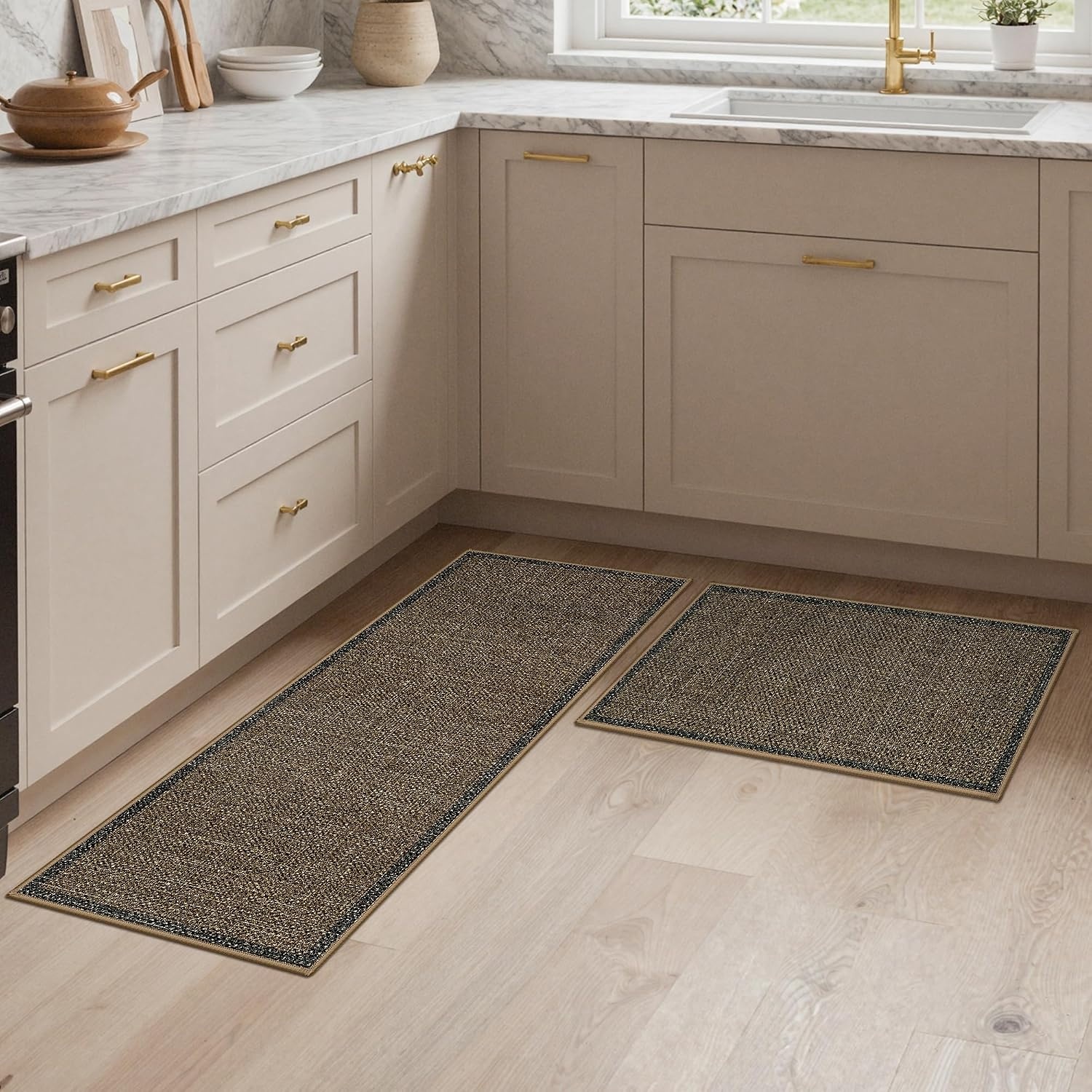 image:imageGENIMO Kitchen Rugs Large Washable Non Slip Kitchen Mats for Floor  48x72 Green vintage abstract rug soft faux cashmere low pile easyclean for laundry entryway sink farmhouseBrown Border