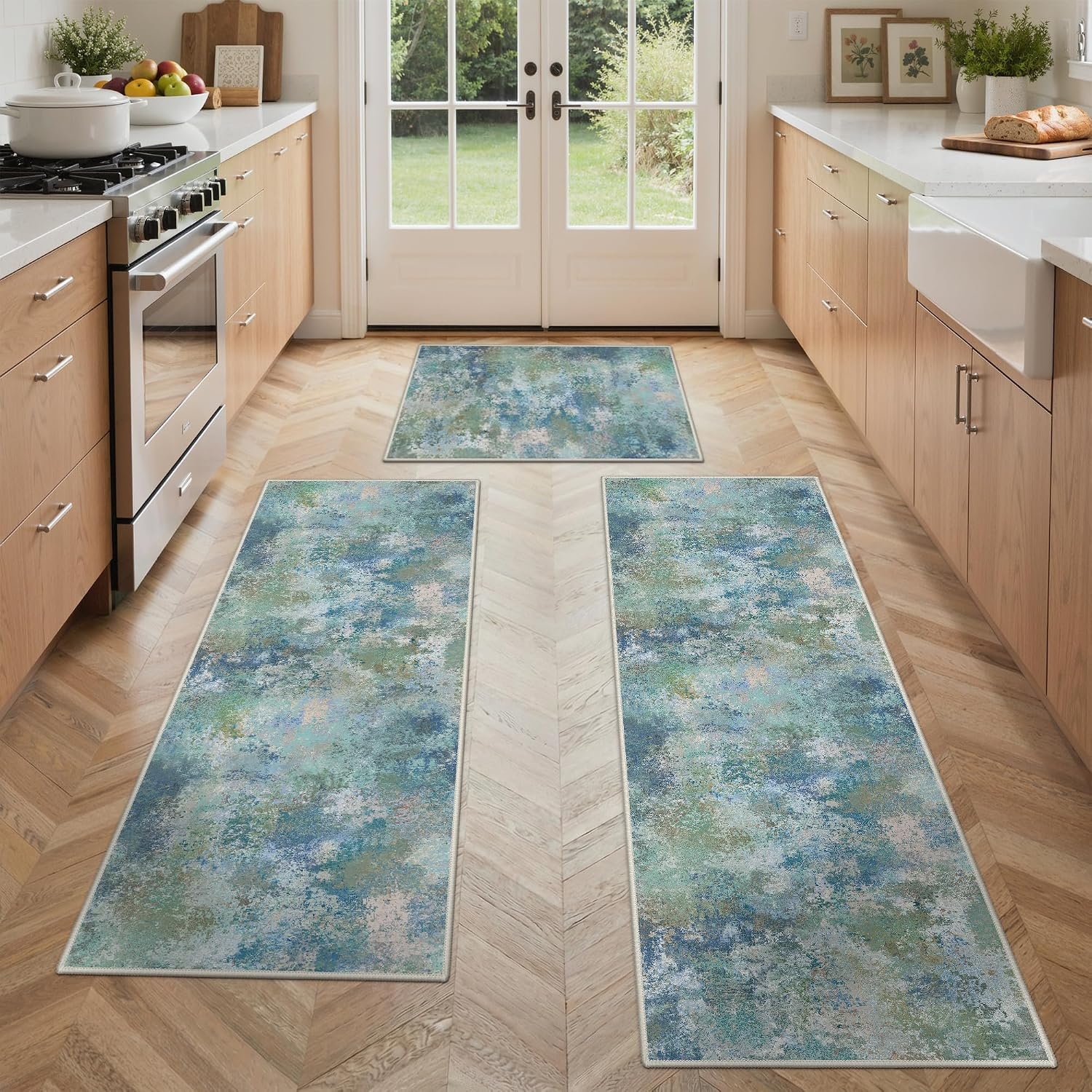 image:imageGENIMO Kitchen Rugs Large Washable Non Slip Kitchen Mats for Floor 48x72 Green vintage abstract rug soft faux cashmere low pile easyclean for laundry entryway sink farmhouseMix Blue