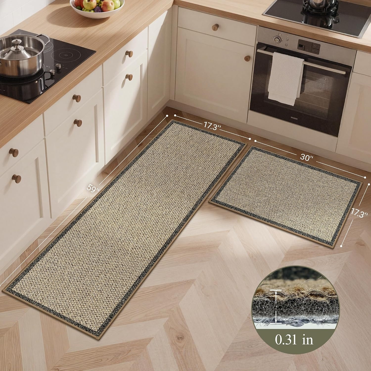 image:imageGENIMO Kitchen Rugs Large Washable Non Slip Kitchen Mats for Floor 48x72 Green vintage abstract rug soft faux cashmere low pile easyclean for laundry entryway sink farmhouseBeige Border