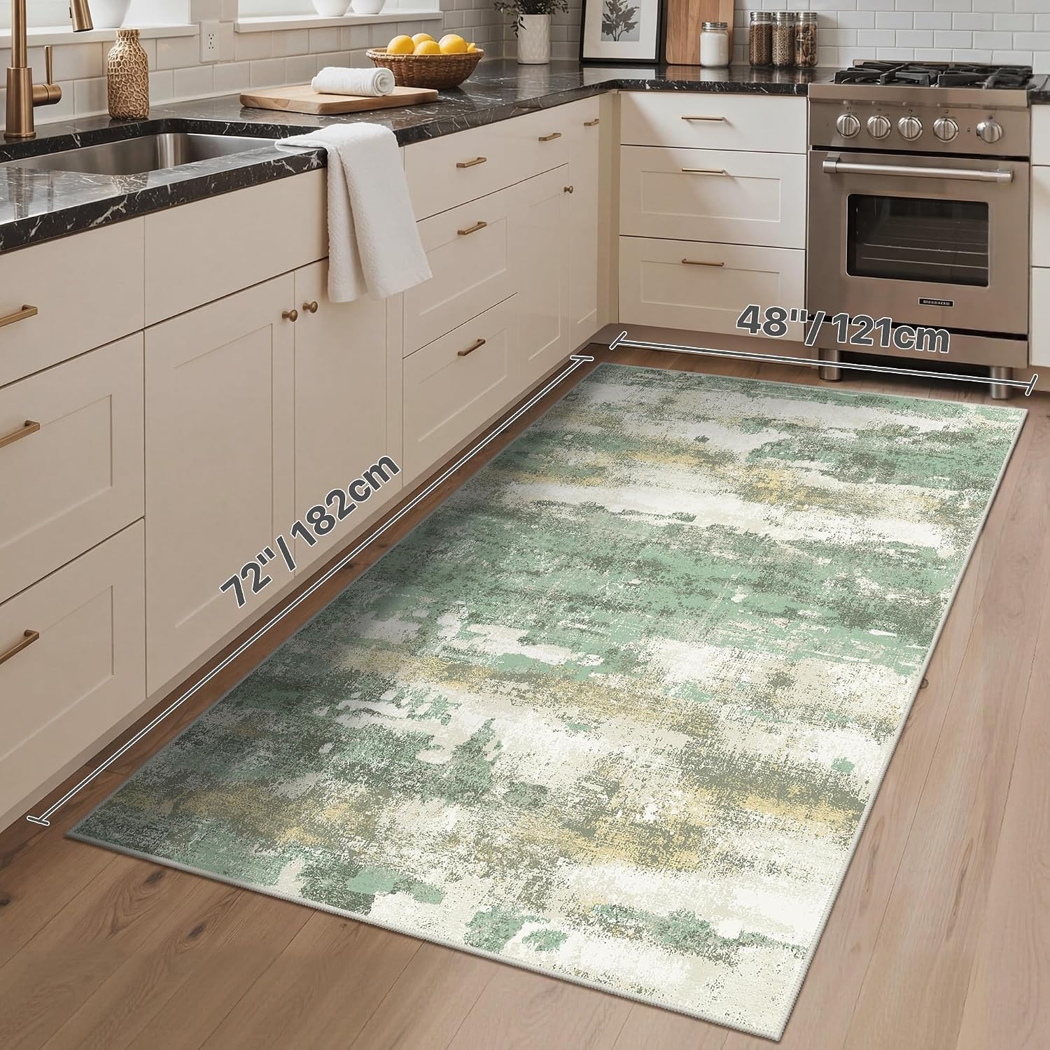 image:imageGENIMO Kitchen Rugs Large Washable Non Slip Kitchen Mats for Floor 48x72 Green vintage abstract rug soft faux cashmere low pile easyclean for laundry entryway sink farmhouseGreen