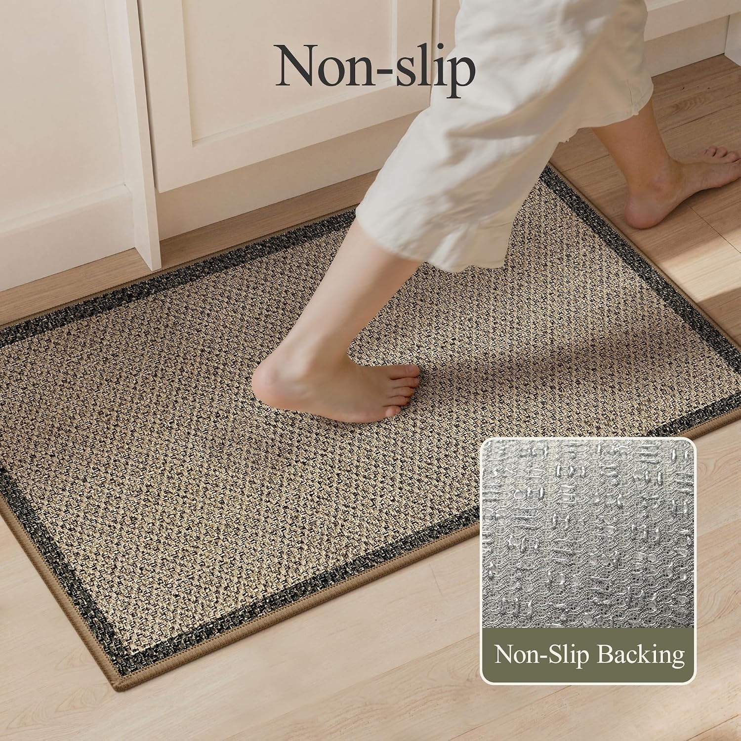image:imageGENIMO Kitchen Rugs Large Washable Non Slip Kitchen Mats for Floor 48x72 Green vintage abstract rug soft faux cashmere low pile easyclean for laundry entryway sink farmhouseBeige Border