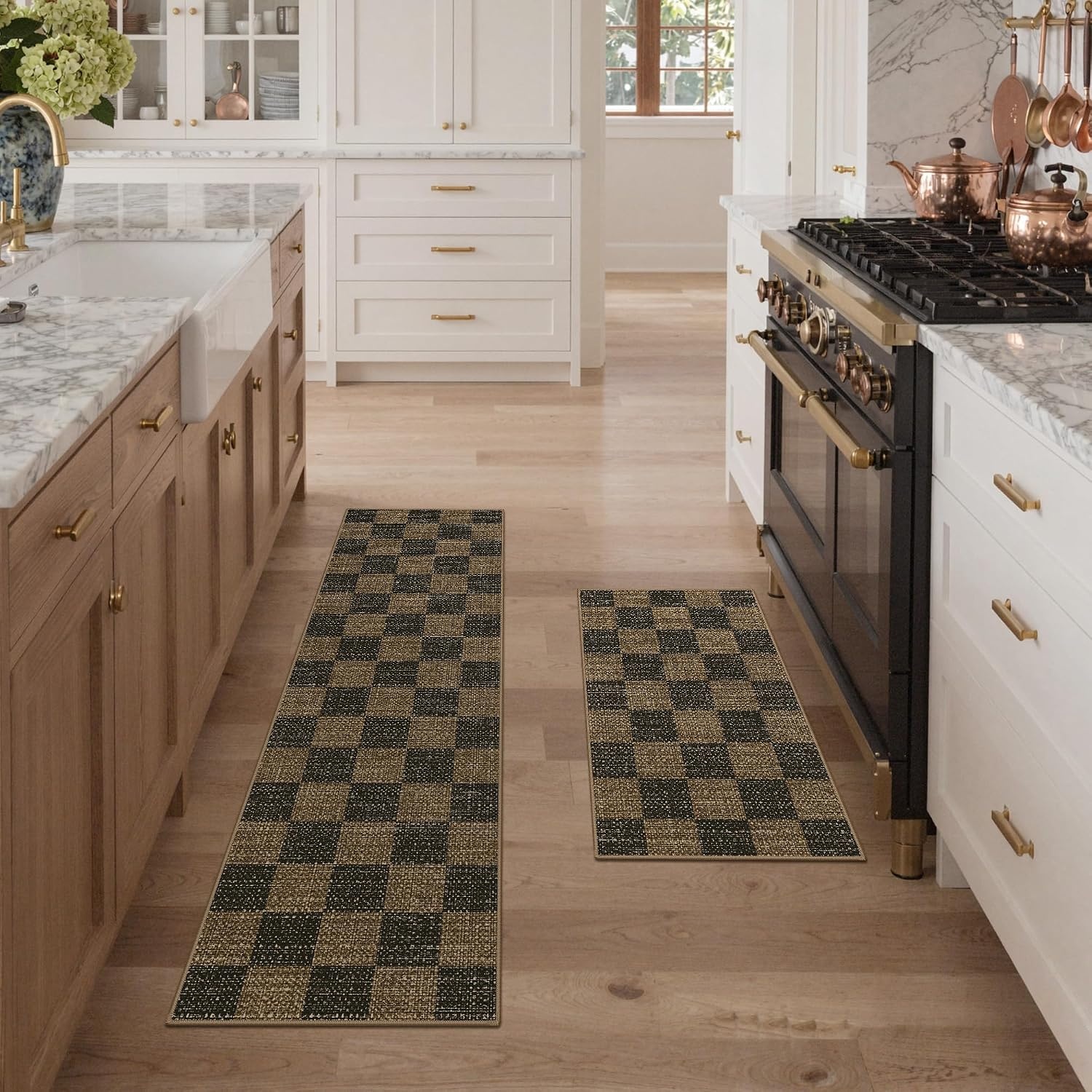 image:imageGENIMO Kitchen Rugs Large Washable Non Slip Kitchen Mats for Floor  48x72 Green vintage abstract rug soft faux cashmere low pile easyclean for laundry entryway sink farmhouseBrown Checkered