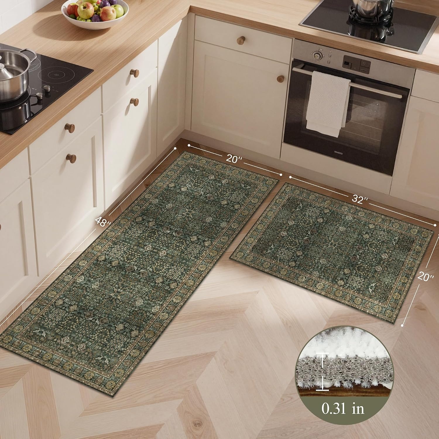 image:imageGENIMO Kitchen Rugs Large Washable Non Slip Kitchen Mats for Floor 48x72 Green vintage abstract rug soft faux cashmere low pile easyclean for laundry entryway sink farmhouseDark Green