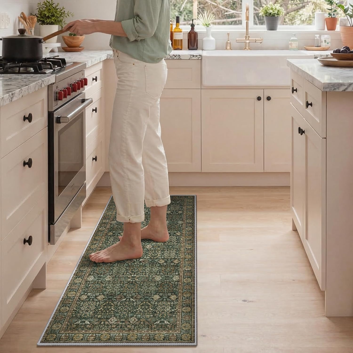 image:imageGENIMO Kitchen Rugs Large Washable Non Slip Kitchen Mats for Floor 48x72 Green vintage abstract rug soft faux cashmere low pile easyclean for laundry entryway sink farmhouseDark Green