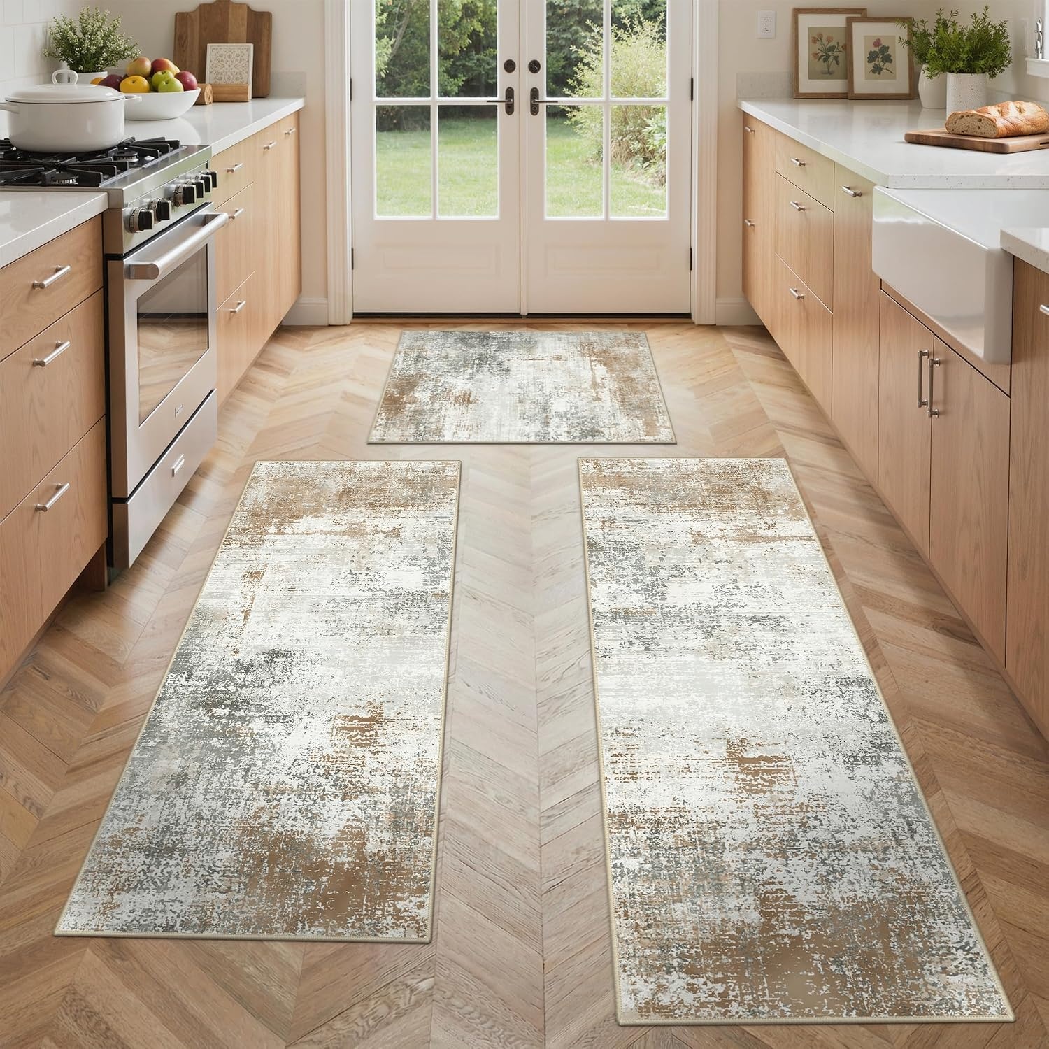 image:imageGENIMO Kitchen Rugs Large Washable Non Slip Kitchen Mats for Floor 48x72 Green vintage abstract rug soft faux cashmere low pile easyclean for laundry entryway sink farmhouseBeige Brown