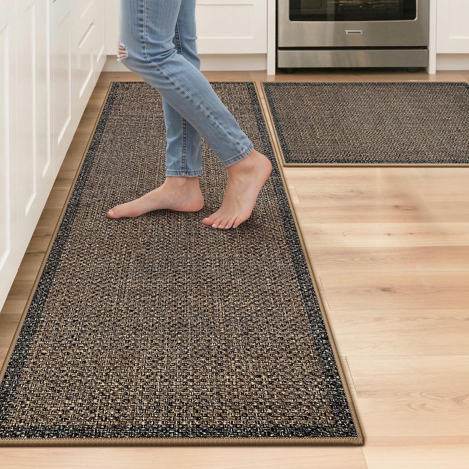image:imageGENIMO Kitchen Rugs Large Washable Non Slip Kitchen Mats for Floor  48x72 Green vintage abstract rug soft faux cashmere low pile easyclean for laundry entryway sink farmhouseBrown Border
