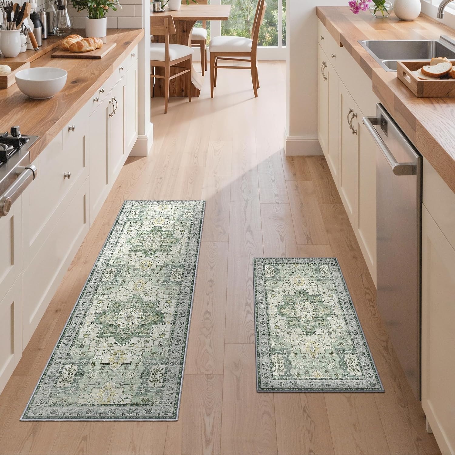 image:imageGENIMO Kitchen Rugs Large Washable Non Slip Kitchen Mats for Floor 48x72 Green vintage abstract rug soft faux cashmere low pile easyclean for laundry entryway sink farmhouseLight Green