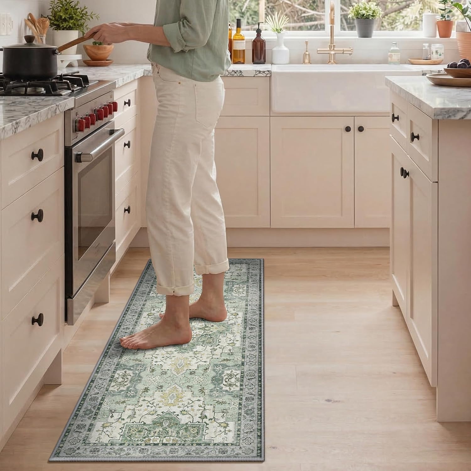 image:imageGENIMO Kitchen Rugs Large Washable Non Slip Kitchen Mats for Floor 48x72 Green vintage abstract rug soft faux cashmere low pile easyclean for laundry entryway sink farmhouseLight Green