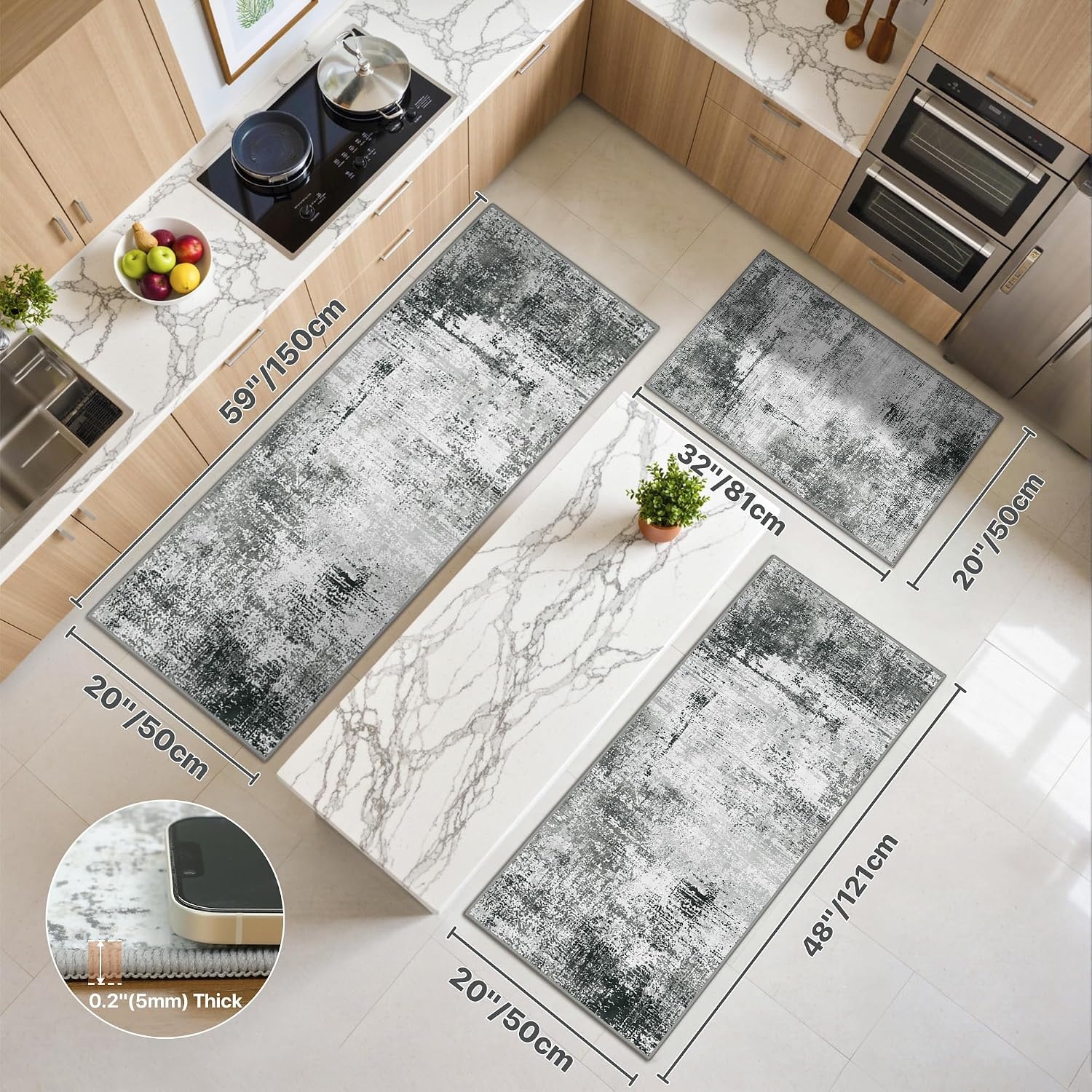 image:imageGENIMO Kitchen Rugs Large Washable Non Slip Kitchen Mats for Floor 48x72 Green vintage abstract rug soft faux cashmere low pile easyclean for laundry entryway sink farmhouseGrey White
