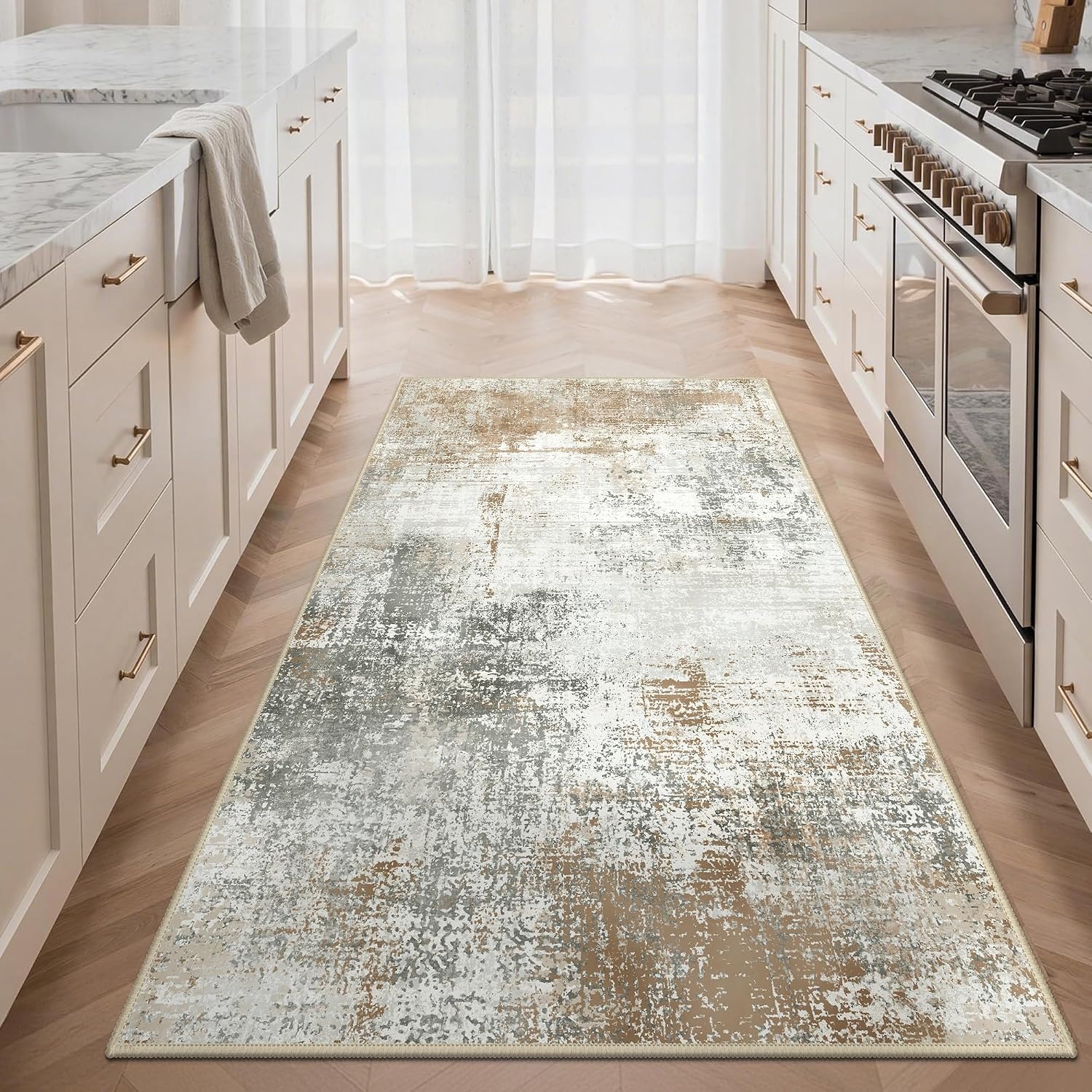 image:imageGENIMO Kitchen Rugs Large Washable Non Slip Kitchen Mats for Floor 48x72 Green vintage abstract rug soft faux cashmere low pile easyclean for laundry entryway sink farmhouseBeige Brown