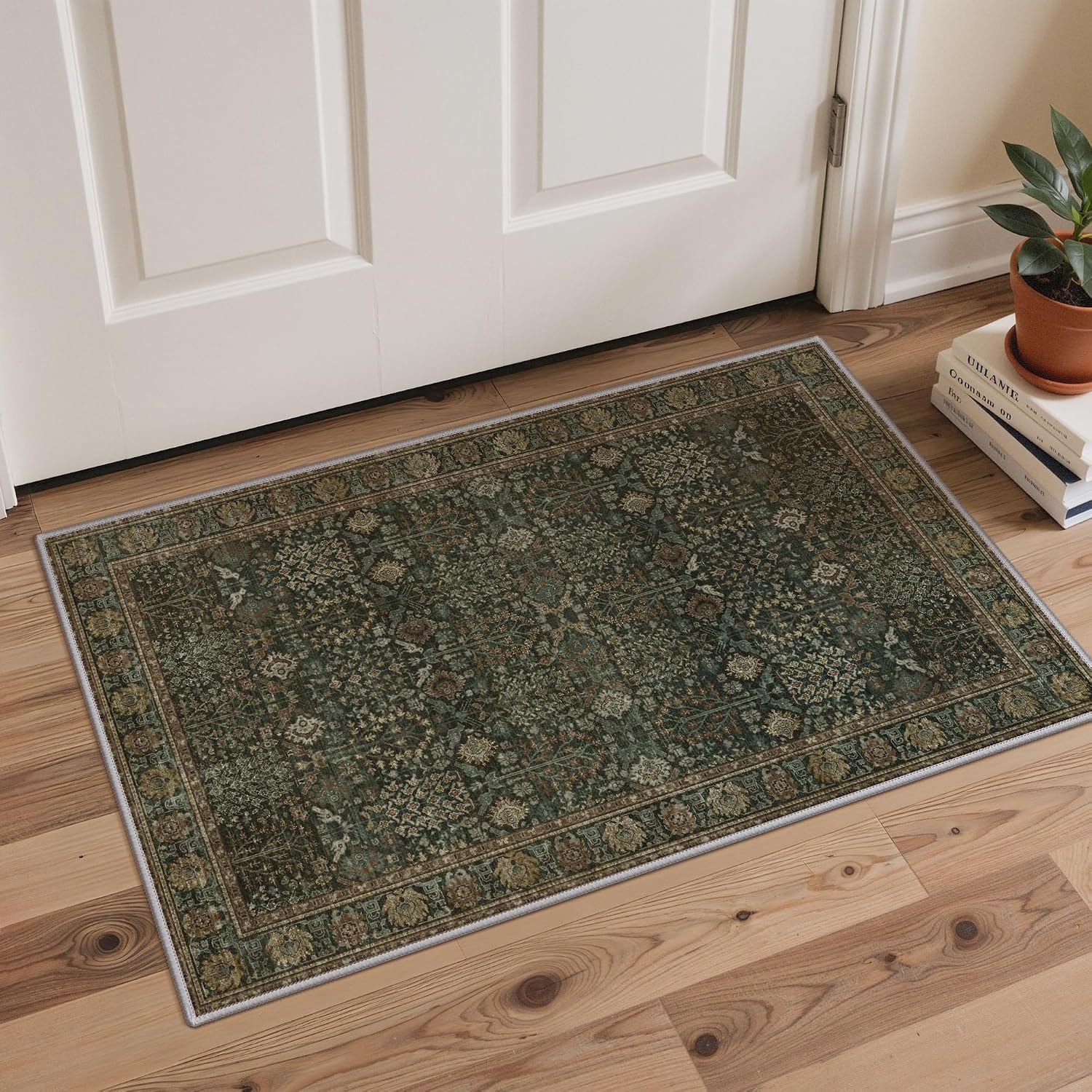 image:imageGENIMO Kitchen Rugs Large Washable Non Slip Kitchen Mats for Floor 48x72 Green vintage abstract rug soft faux cashmere low pile easyclean for laundry entryway sink farmhouseDark Green
