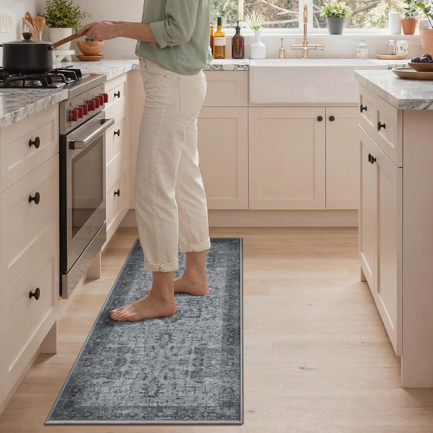 image:imageGENIMO Kitchen Rugs Large Washable Non Slip Kitchen Mats for Floor 48x72 Green vintage abstract rug soft faux cashmere low pile easyclean for laundry entryway sink farmhouseVintage Grey