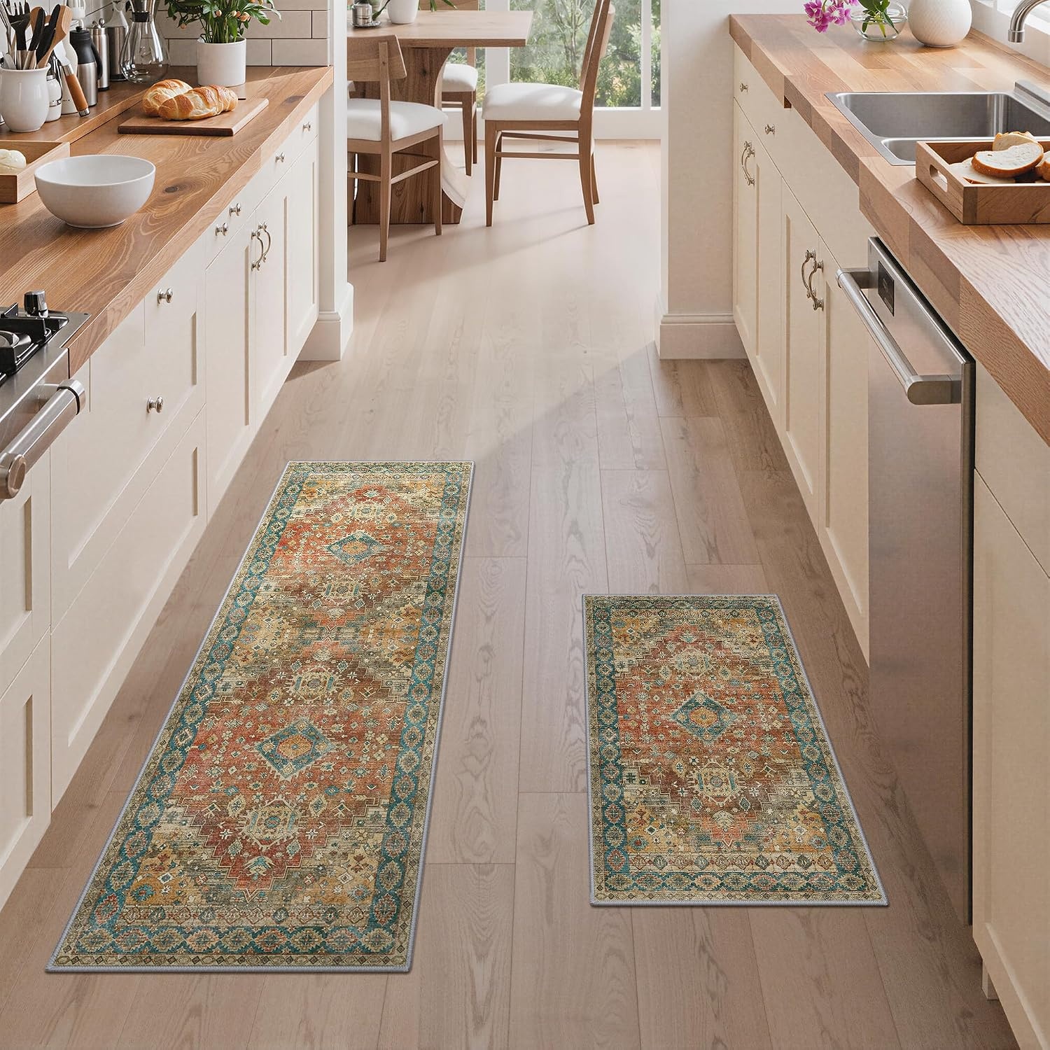 image:imageGENIMO Kitchen Rugs Large Washable Non Slip Kitchen Mats for Floor 48x72 Green vintage abstract rug soft faux cashmere low pile easyclean for laundry entryway sink farmhouseRetrobrick
