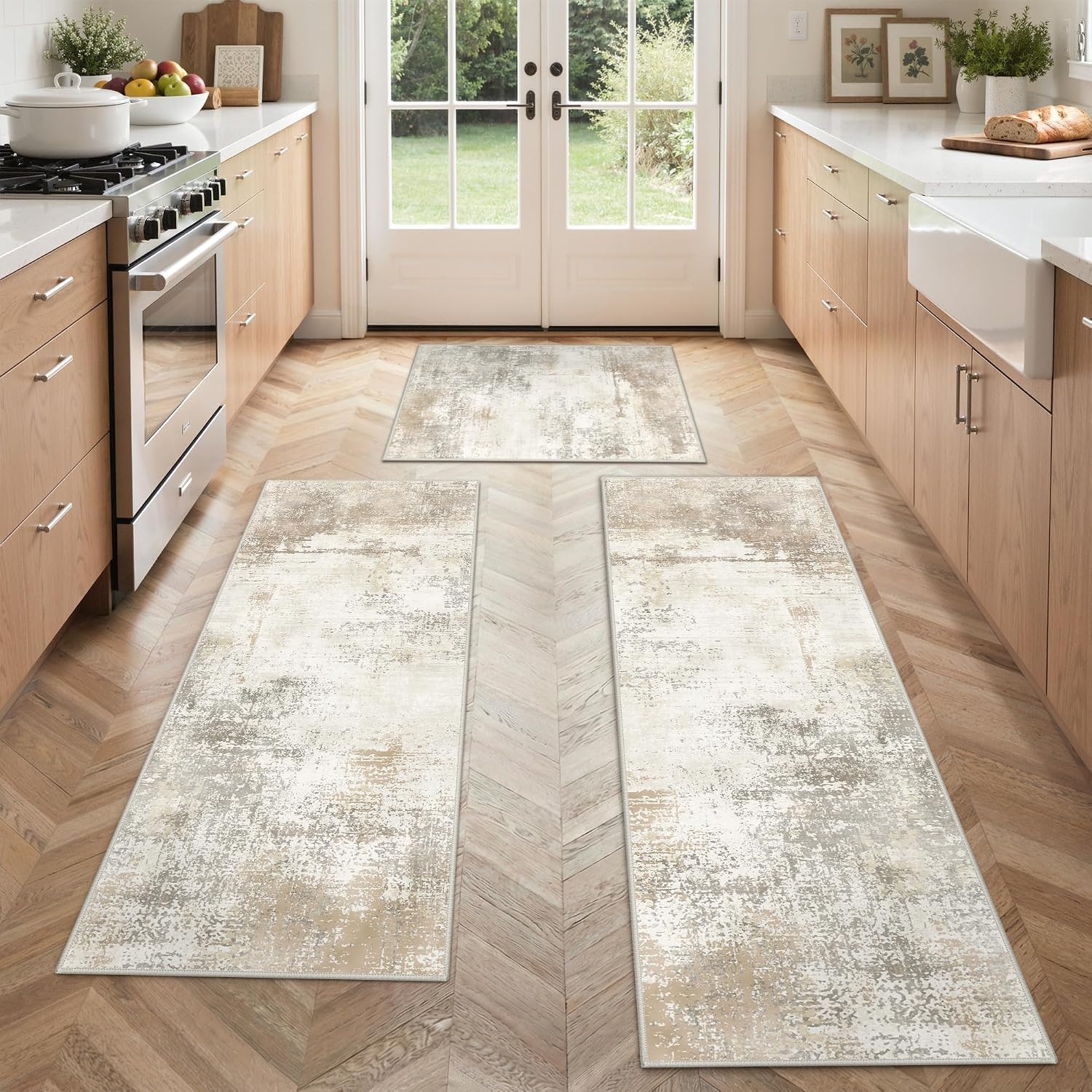 image:imageGENIMO Kitchen Rugs Large Washable Non Slip Kitchen Mats for Floor  48x72 Green vintage abstract rug soft faux cashmere low pile easyclean for laundry entryway sink farmhouseLight Brown