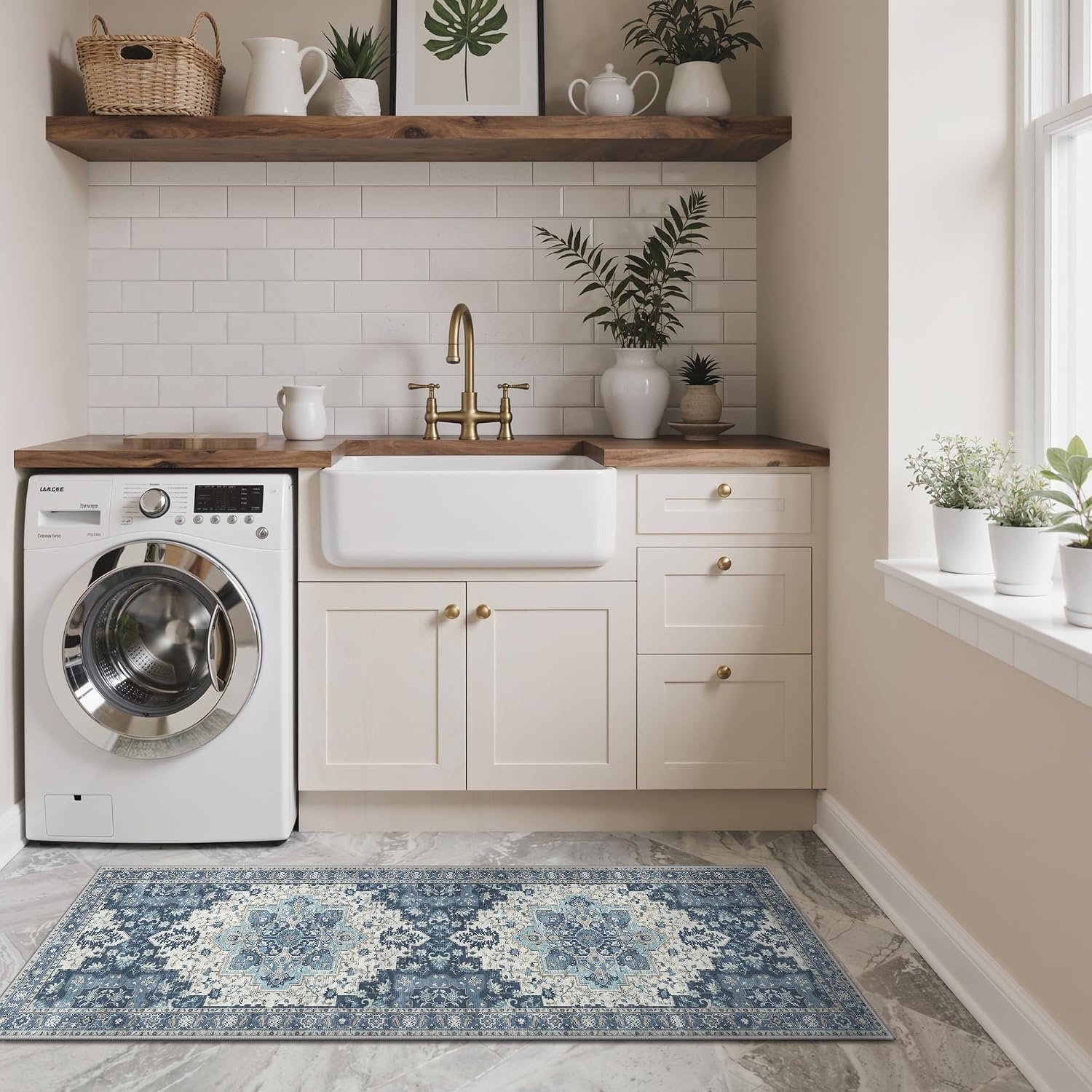 image:imageGENIMO Kitchen Rugs Large Washable Non Slip Kitchen Mats for Floor 48x72 Green vintage abstract rug soft faux cashmere low pile easyclean for laundry entryway sink farmhouseSlate Blue