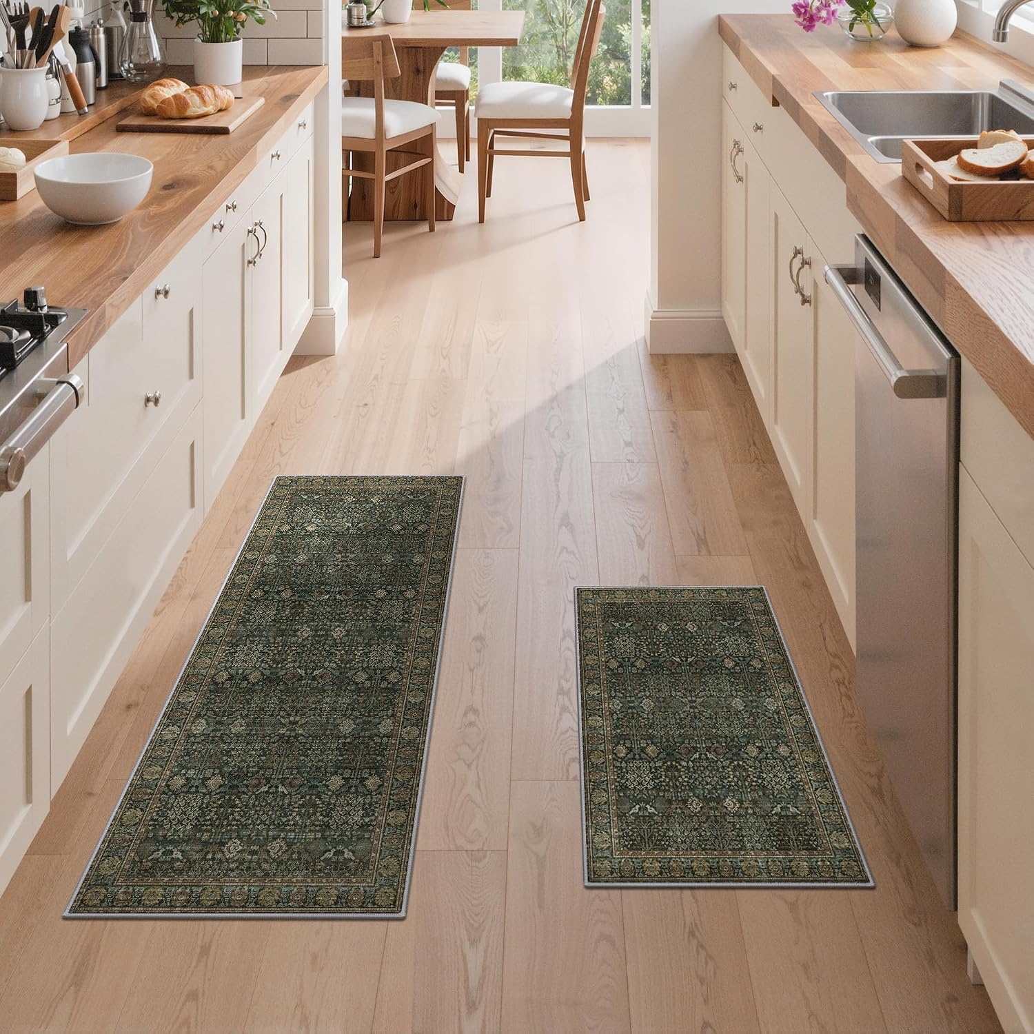 image:imageGENIMO Kitchen Rugs Large Washable Non Slip Kitchen Mats for Floor 48x72 Green vintage abstract rug soft faux cashmere low pile easyclean for laundry entryway sink farmhouseDark Green
