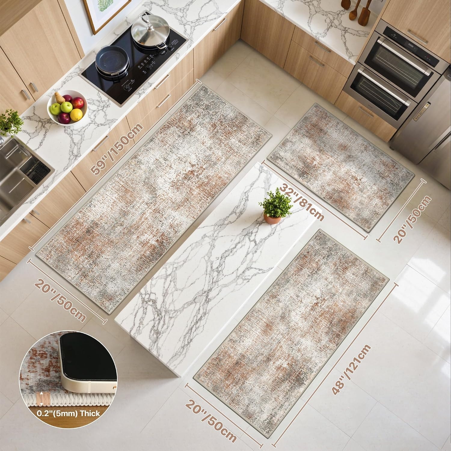image:imageGENIMO Kitchen Rugs Large Washable Non Slip Kitchen Mats for Floor 48x72 Green vintage abstract rug soft faux cashmere low pile easyclean for laundry entryway sink farmhouseClay