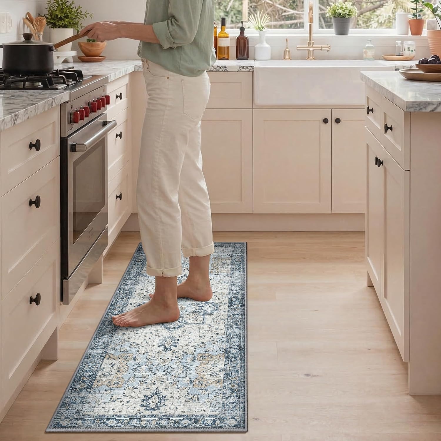 image:imageGENIMO Kitchen Rugs Large Washable Non Slip Kitchen Mats for Floor 48x72 Green vintage abstract rug soft faux cashmere low pile easyclean for laundry entryway sink farmhouseVintage Blue