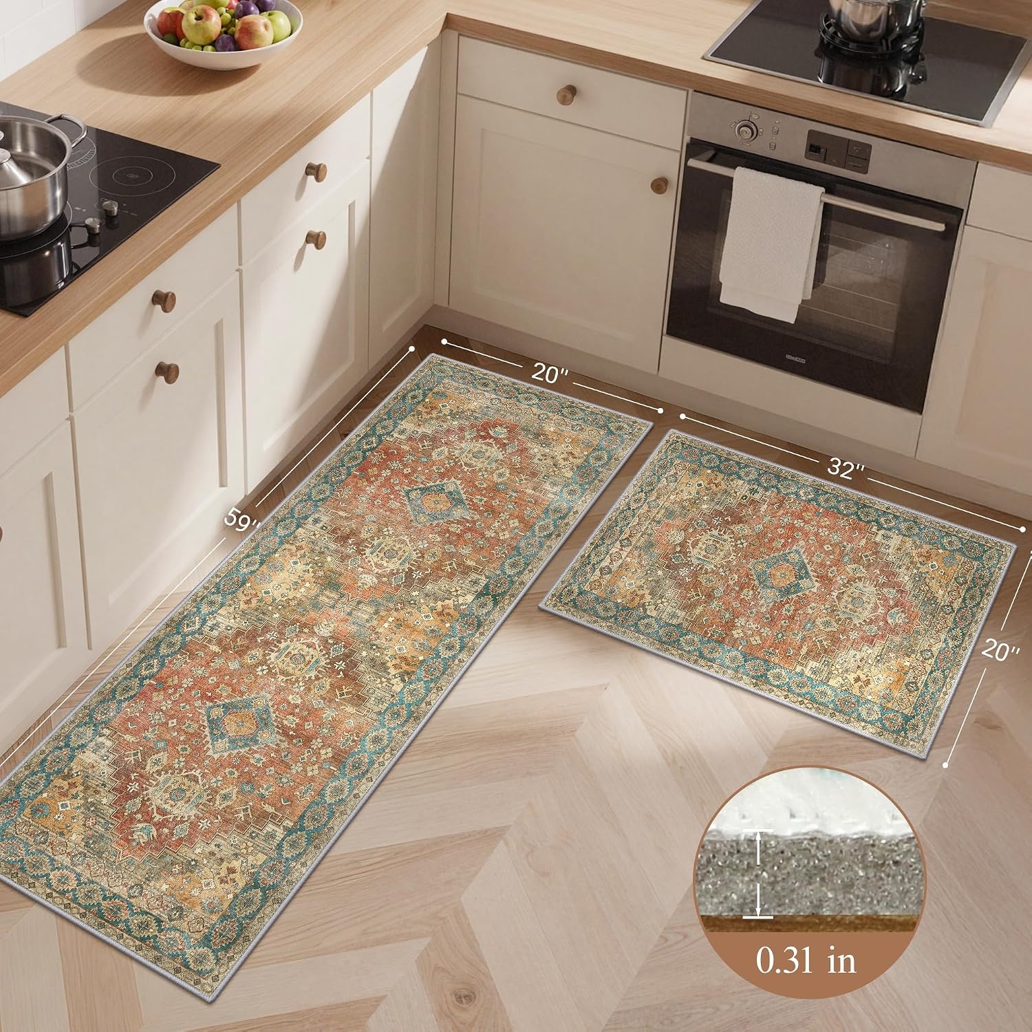image:imageGENIMO Kitchen Rugs Large Washable Non Slip Kitchen Mats for Floor 48x72 Green vintage abstract rug soft faux cashmere low pile easyclean for laundry entryway sink farmhouseRetrobrick
