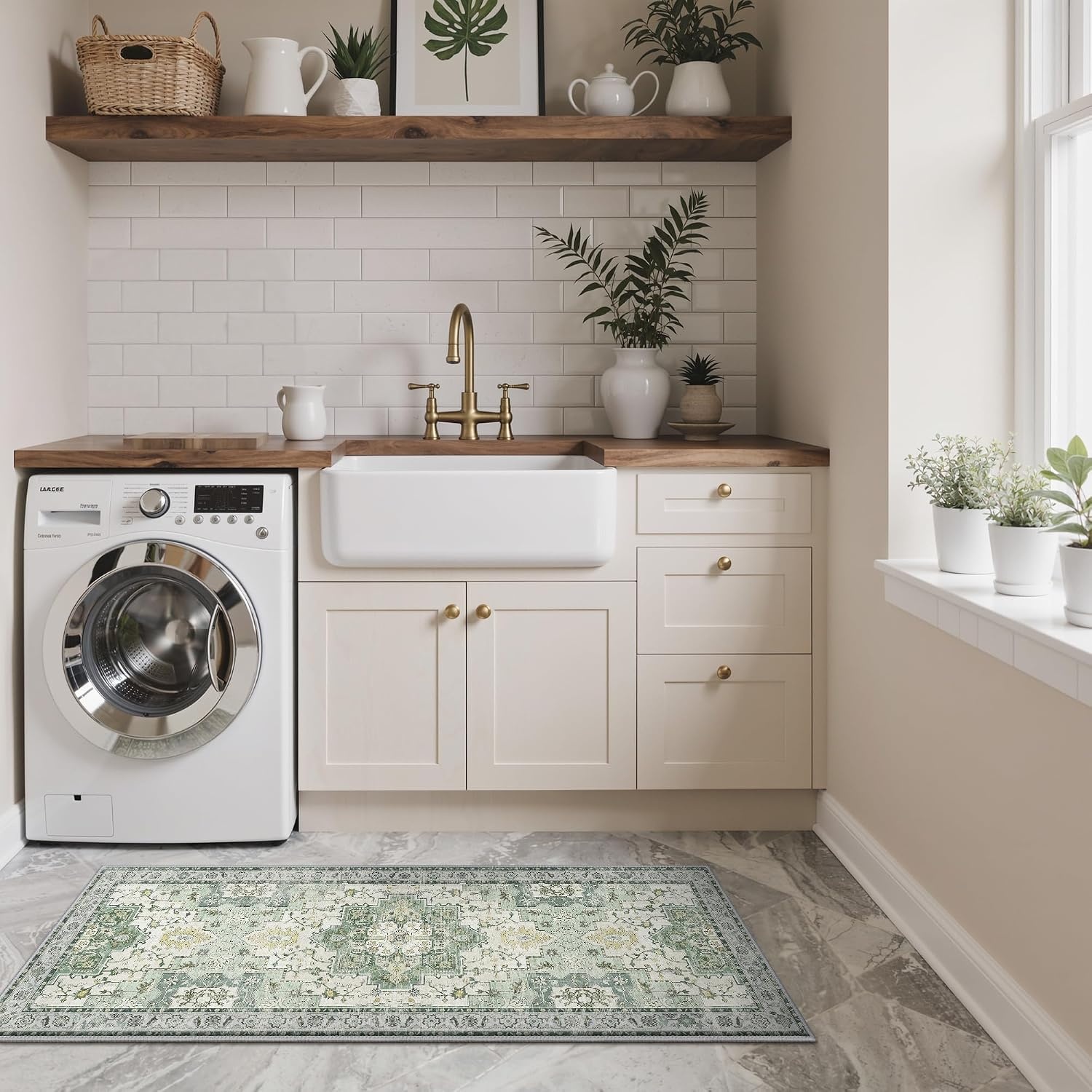 image:imageGENIMO Kitchen Rugs Large Washable Non Slip Kitchen Mats for Floor 48x72 Green vintage abstract rug soft faux cashmere low pile easyclean for laundry entryway sink farmhouseLight Green