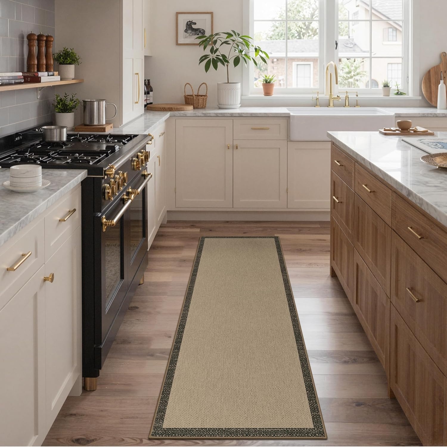 image:imageGENIMO Kitchen Rugs Large Washable Non Slip Kitchen Mats for Floor 48x72 Green vintage abstract rug soft faux cashmere low pile easyclean for laundry entryway sink farmhouseBeige Border