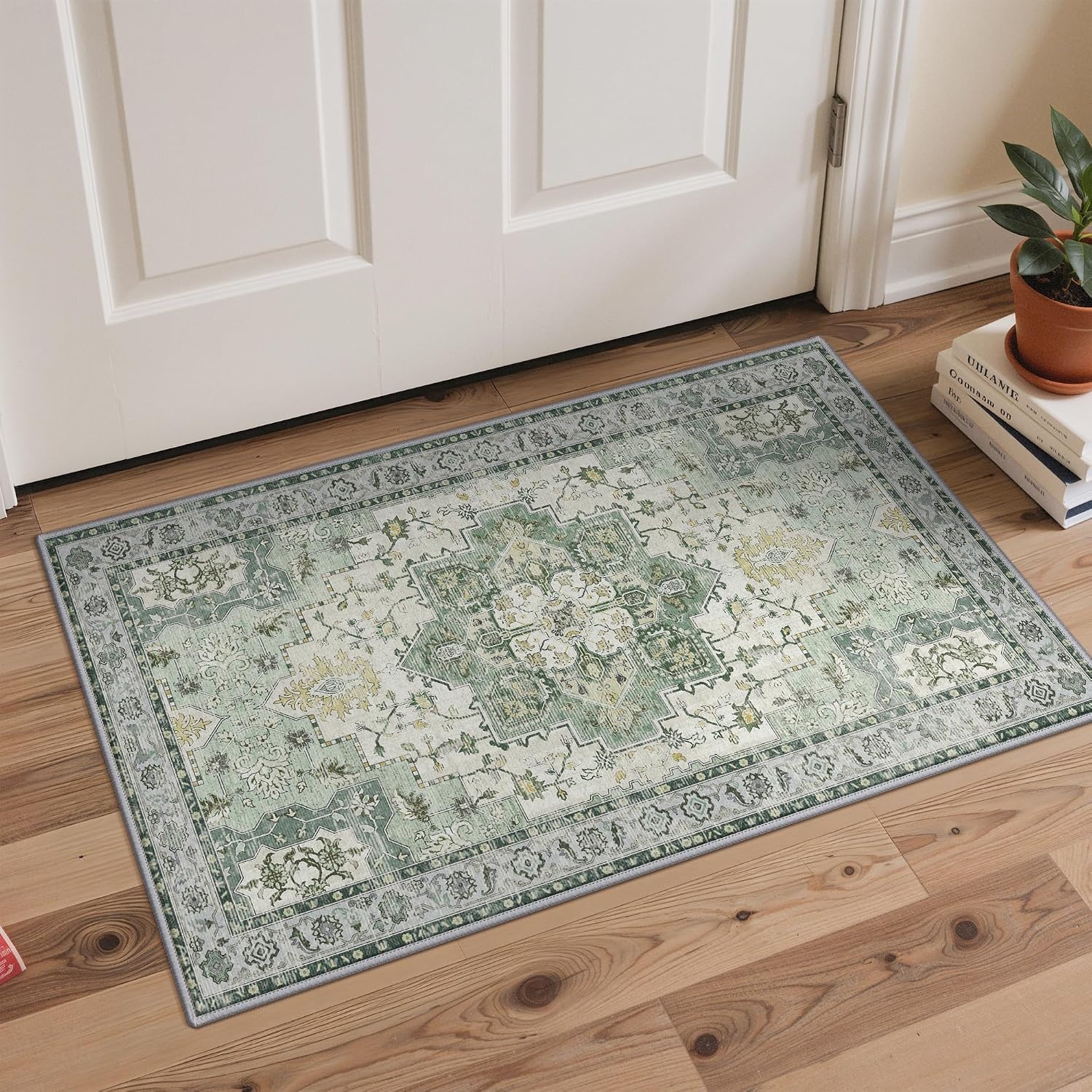 image:imageGENIMO Kitchen Rugs Large Washable Non Slip Kitchen Mats for Floor 48x72 Green vintage abstract rug soft faux cashmere low pile easyclean for laundry entryway sink farmhouseLight Green