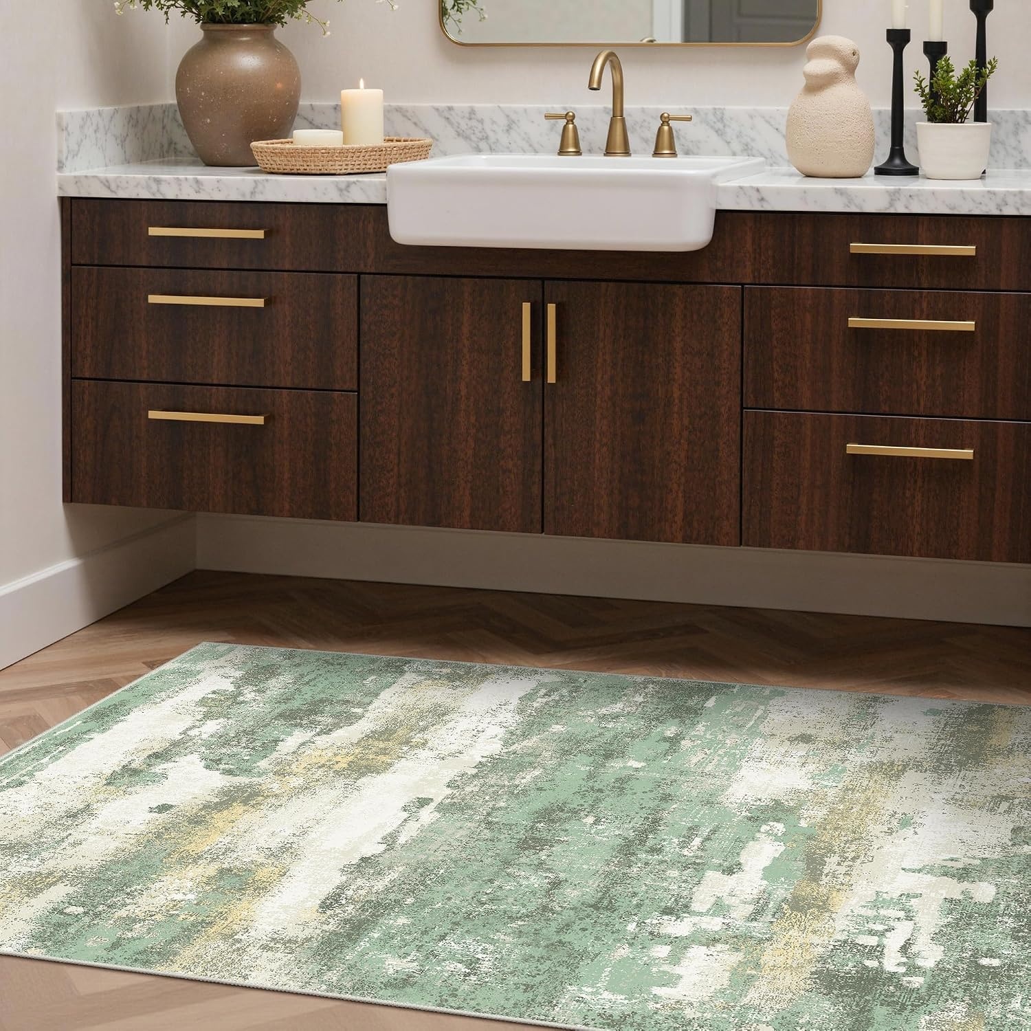 image:imageGENIMO Kitchen Rugs Large Washable Non Slip Kitchen Mats for Floor 48x72 Green vintage abstract rug soft faux cashmere low pile easyclean for laundry entryway sink farmhouseGreen