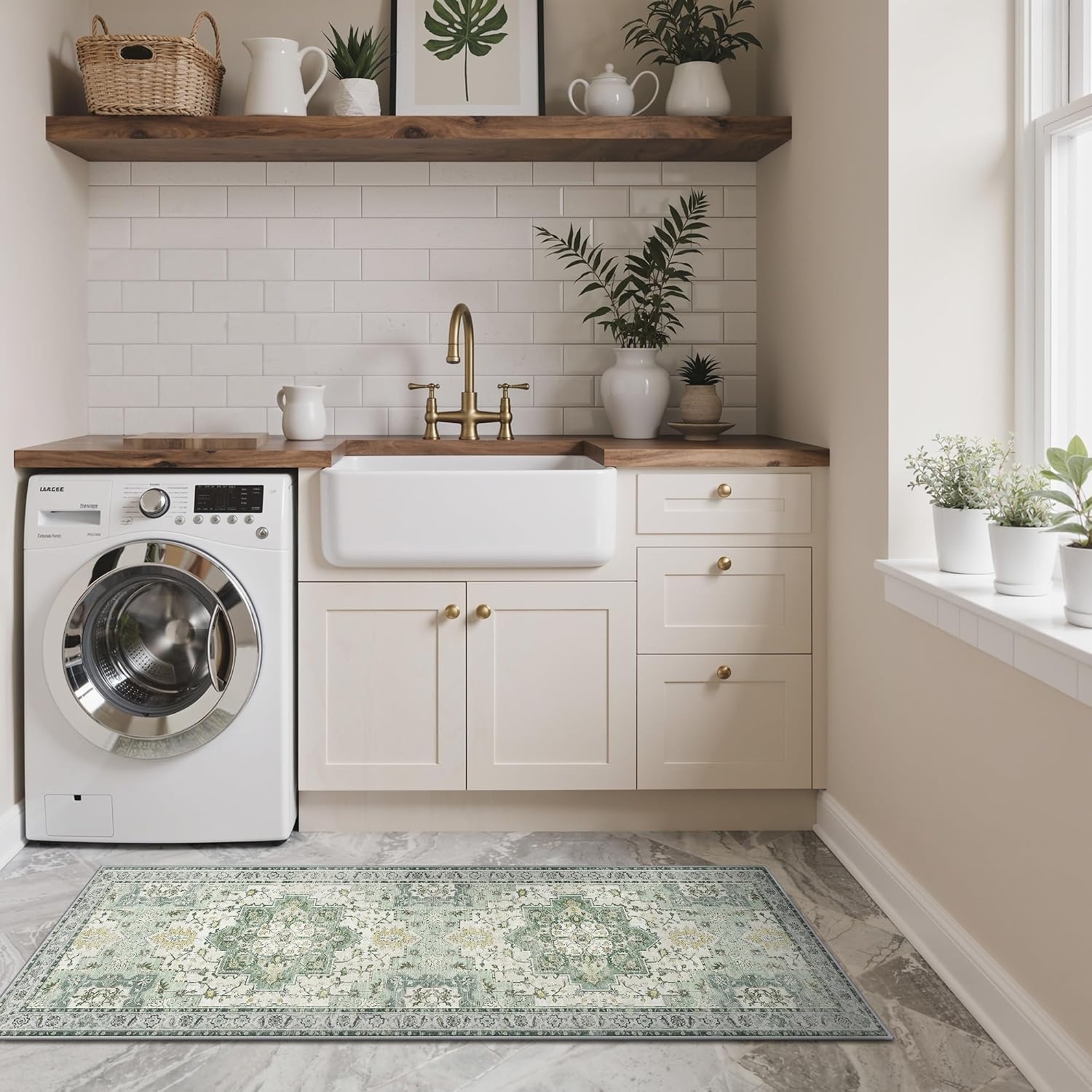 image:imageGENIMO Kitchen Rugs Large Washable Non Slip Kitchen Mats for Floor 48x72 Green vintage abstract rug soft faux cashmere low pile easyclean for laundry entryway sink farmhouseLight Green
