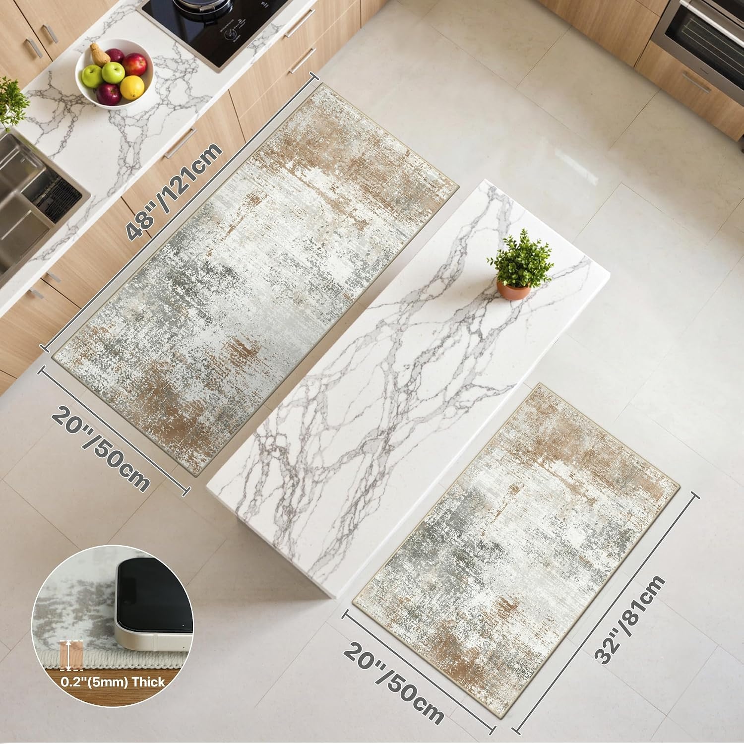 image:imageGENIMO Kitchen Rugs Large Washable Non Slip Kitchen Mats for Floor 48x72 Green vintage abstract rug soft faux cashmere low pile easyclean for laundry entryway sink farmhouseBeige Brown