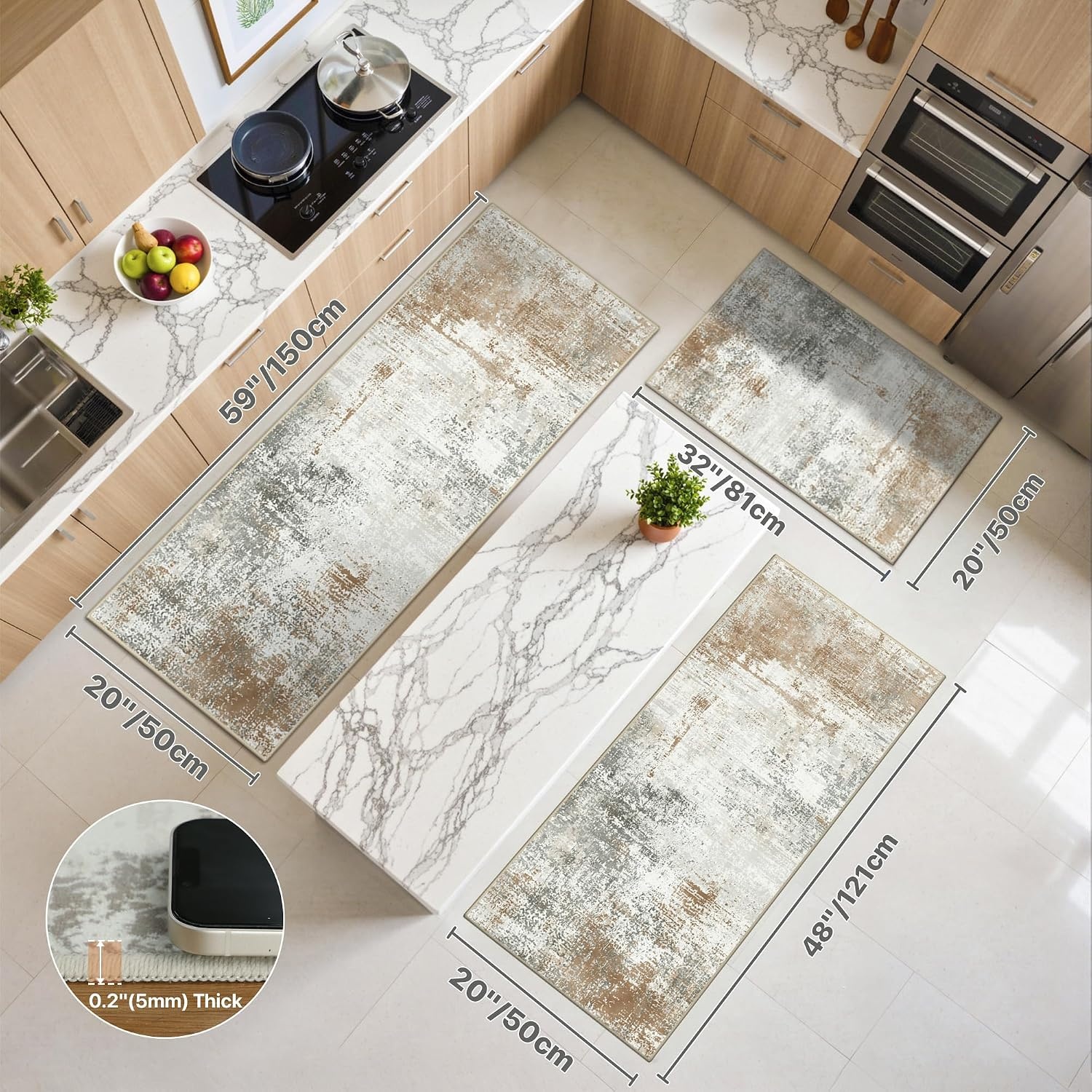 image:imageGENIMO Kitchen Rugs Large Washable Non Slip Kitchen Mats for Floor 48x72 Green vintage abstract rug soft faux cashmere low pile easyclean for laundry entryway sink farmhouseBeige Brown