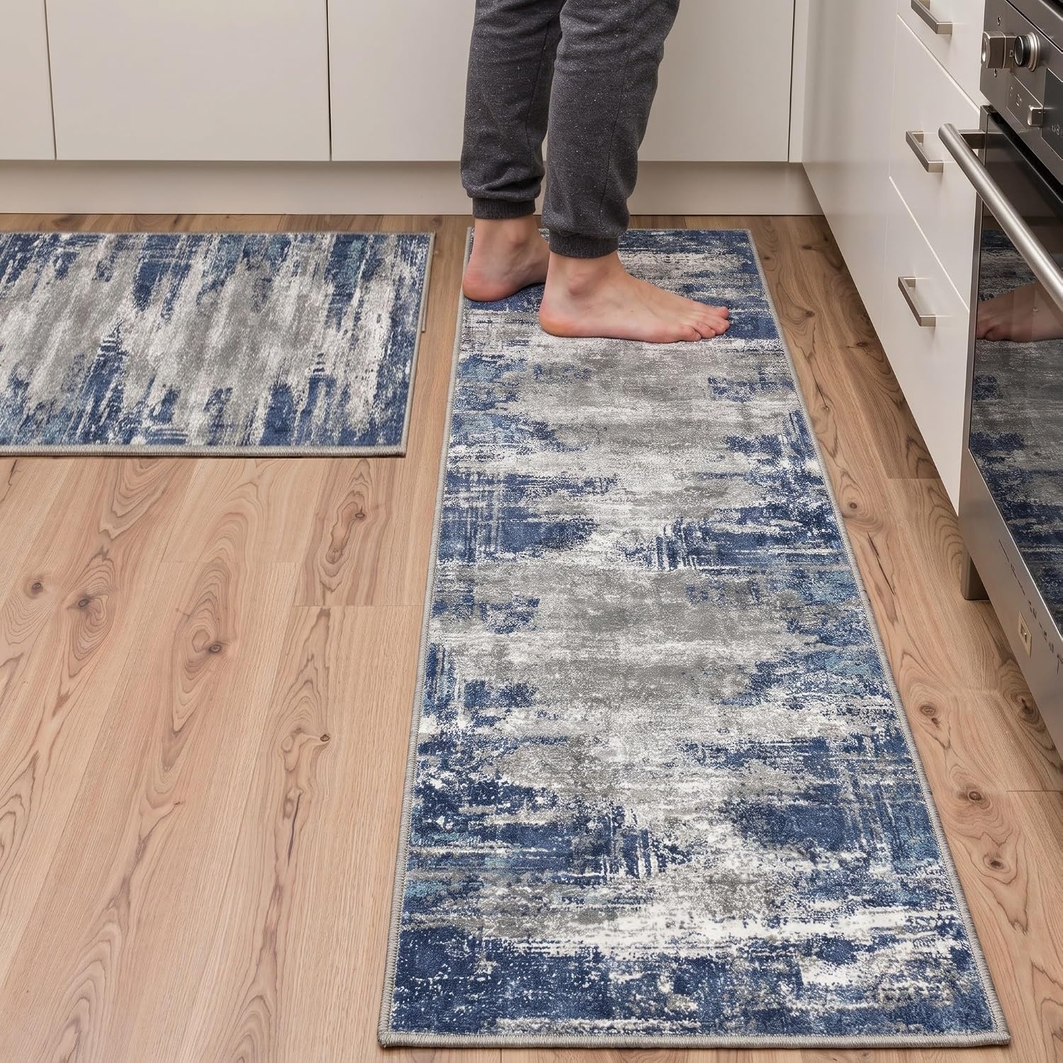 image:imageGENIMO Kitchen Rugs Large Washable Non Slip Kitchen Mats for Floor  48x72 Green vintage abstract rug soft faux cashmere low pile easyclean for laundry entryway sink farmhouseAblueIvory