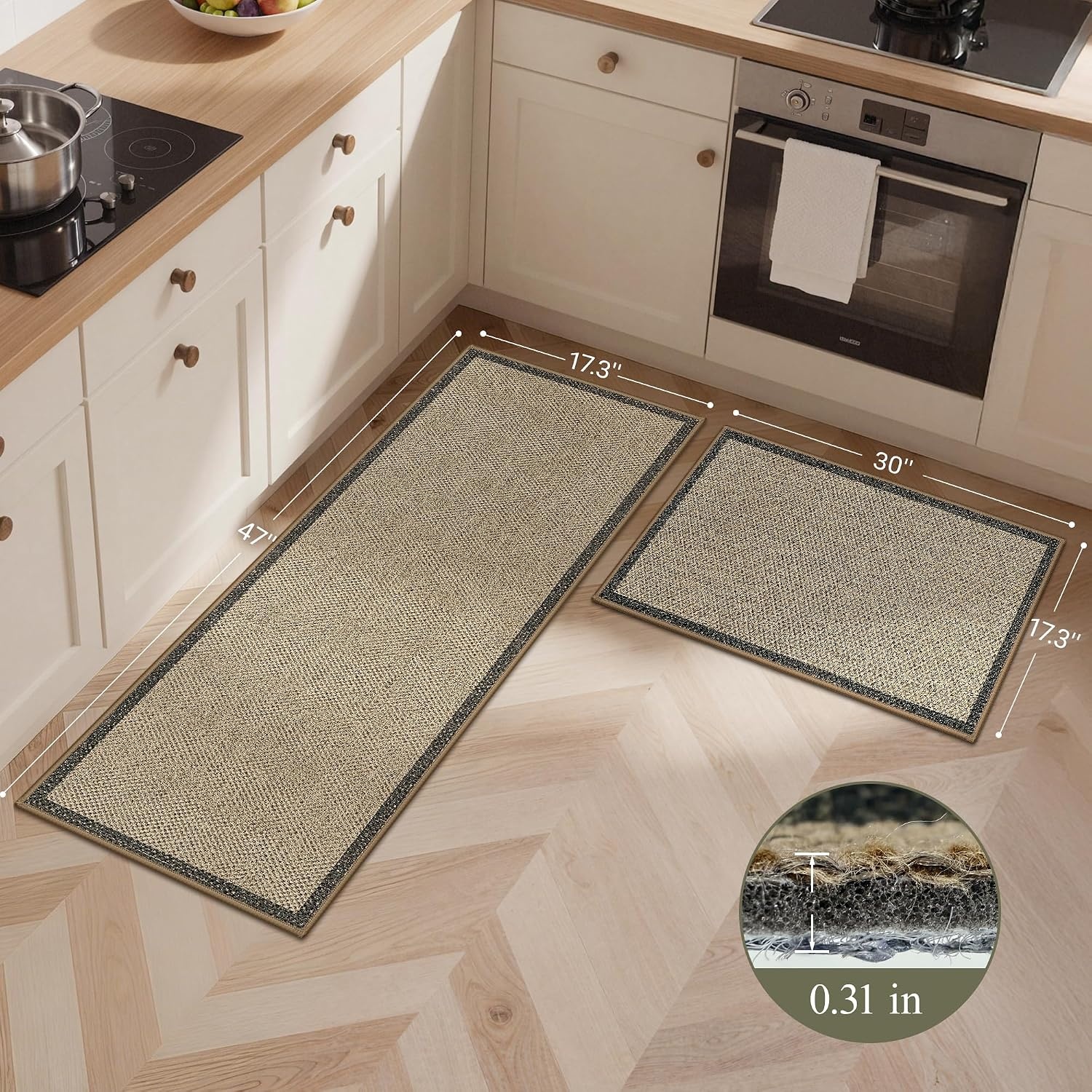 image:imageGENIMO Kitchen Rugs Large Washable Non Slip Kitchen Mats for Floor 48x72 Green vintage abstract rug soft faux cashmere low pile easyclean for laundry entryway sink farmhouseBeige Border