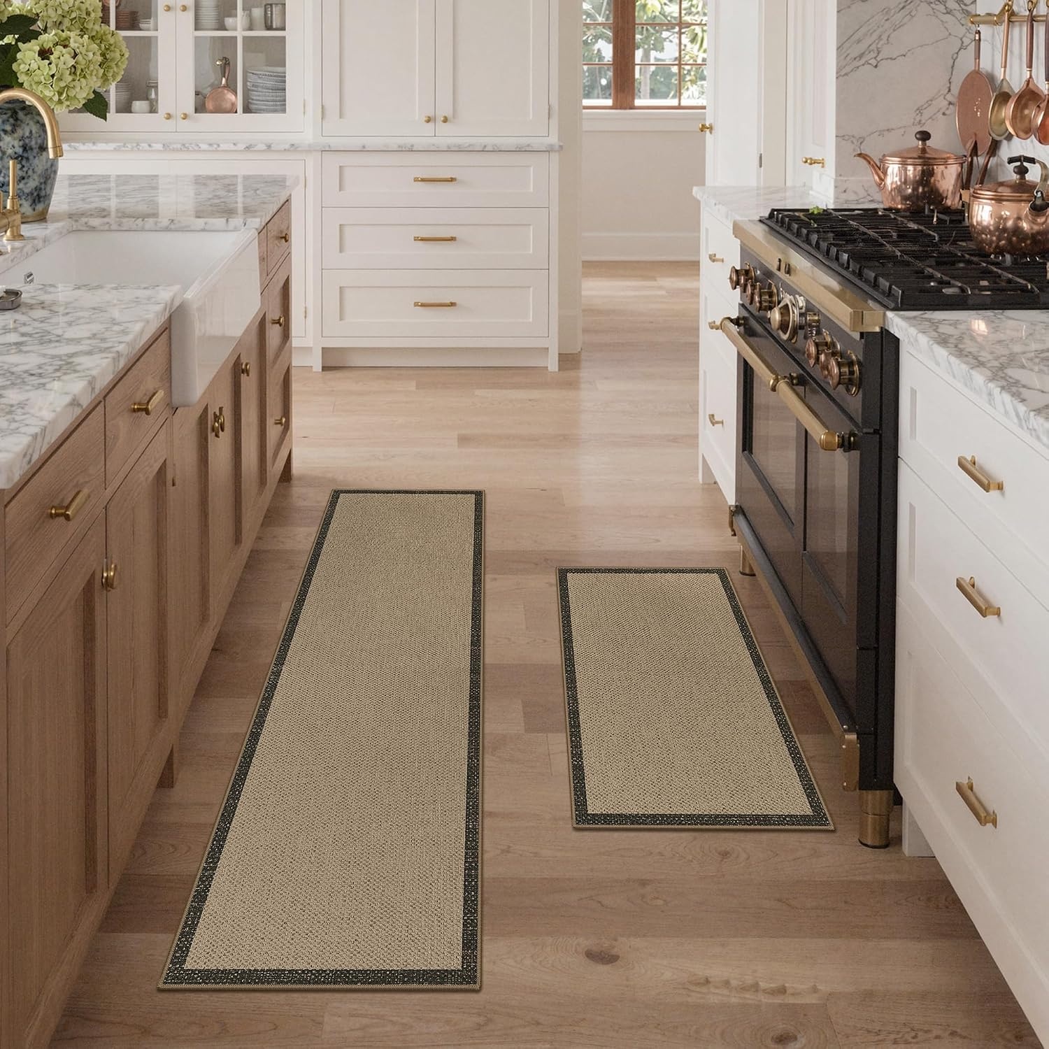 image:imageGENIMO Kitchen Rugs Large Washable Non Slip Kitchen Mats for Floor 48x72 Green vintage abstract rug soft faux cashmere low pile easyclean for laundry entryway sink farmhouseBeige Border