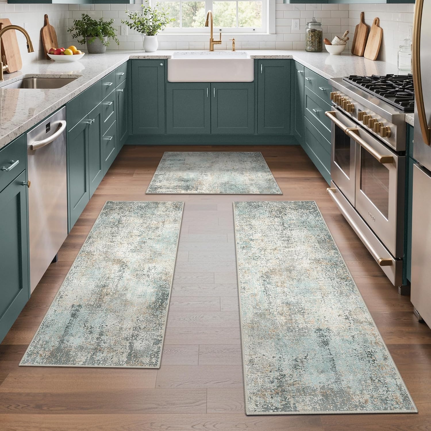 image:imageGENIMO Kitchen Rugs Large Washable Non Slip Kitchen Mats for Floor 48x72 Green vintage abstract rug soft faux cashmere low pile easyclean for laundry entryway sink farmhouseGreen Brown
