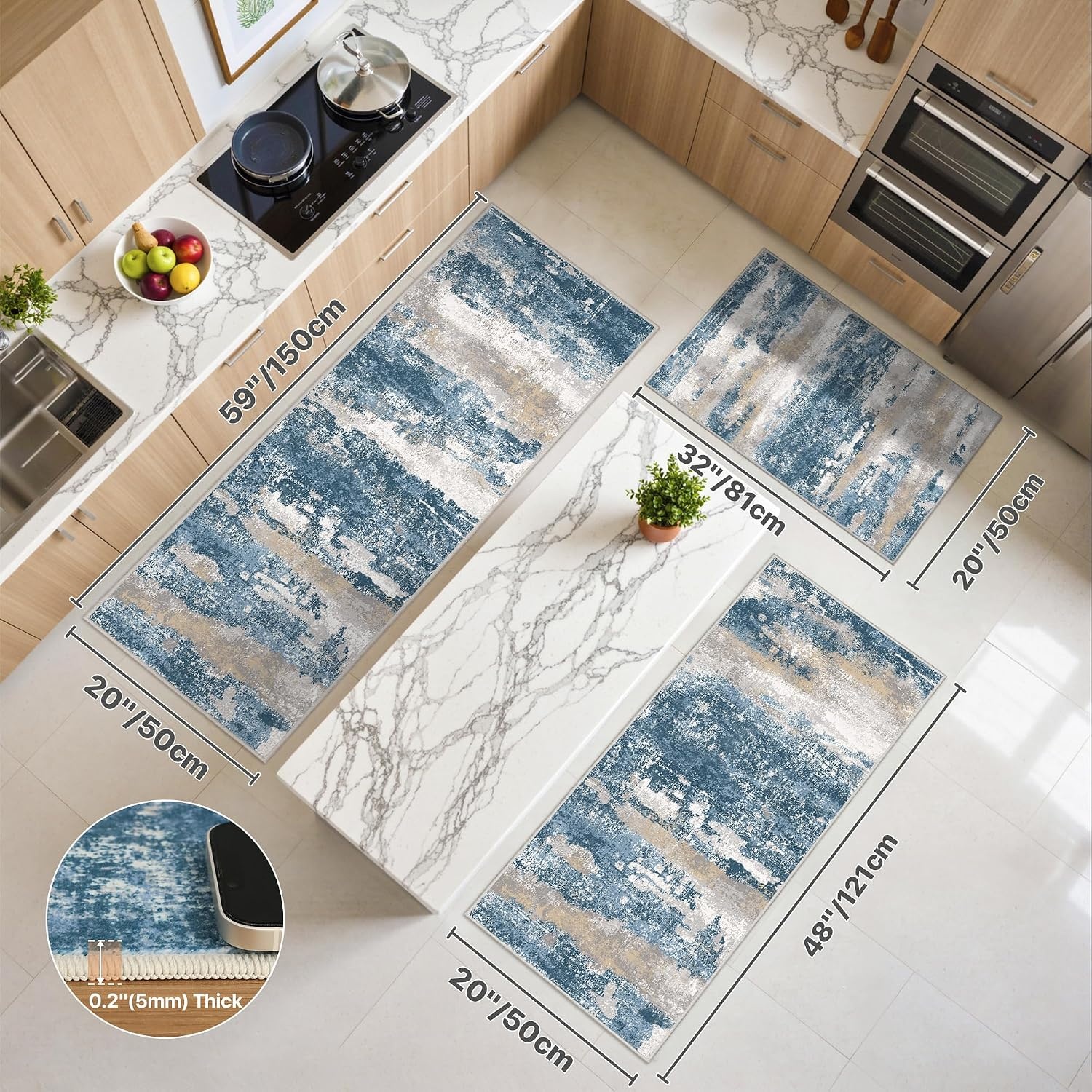 image:imageGENIMO Kitchen Rugs Large Washable Non Slip Kitchen Mats for Floor 48x72 Green vintage abstract rug soft faux cashmere low pile easyclean for laundry entryway sink farmhouseBlue Gray