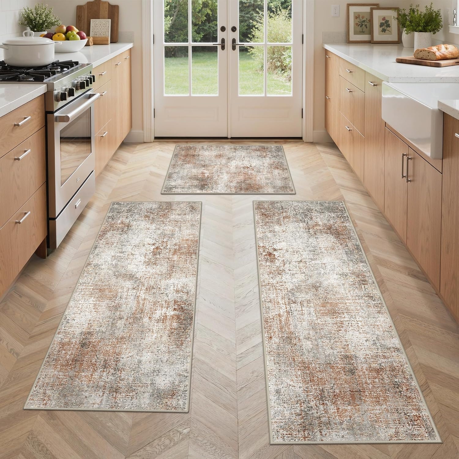 image:imageGENIMO Kitchen Rugs Large Washable Non Slip Kitchen Mats for Floor 48x72 Green vintage abstract rug soft faux cashmere low pile easyclean for laundry entryway sink farmhouseClay