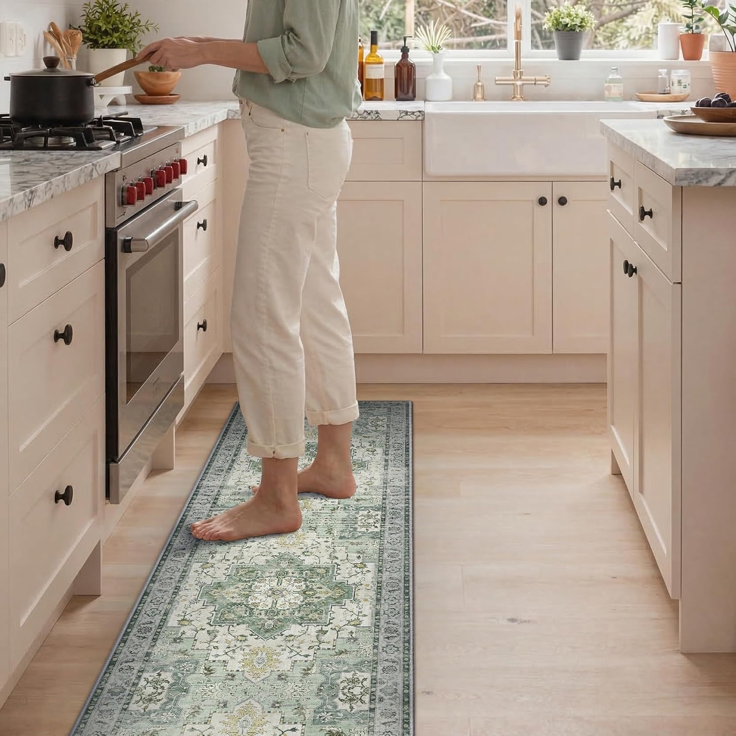 image:imageGENIMO Kitchen Rugs Large Washable Non Slip Kitchen Mats for Floor 48x72 Green vintage abstract rug soft faux cashmere low pile easyclean for laundry entryway sink farmhouseLight Green