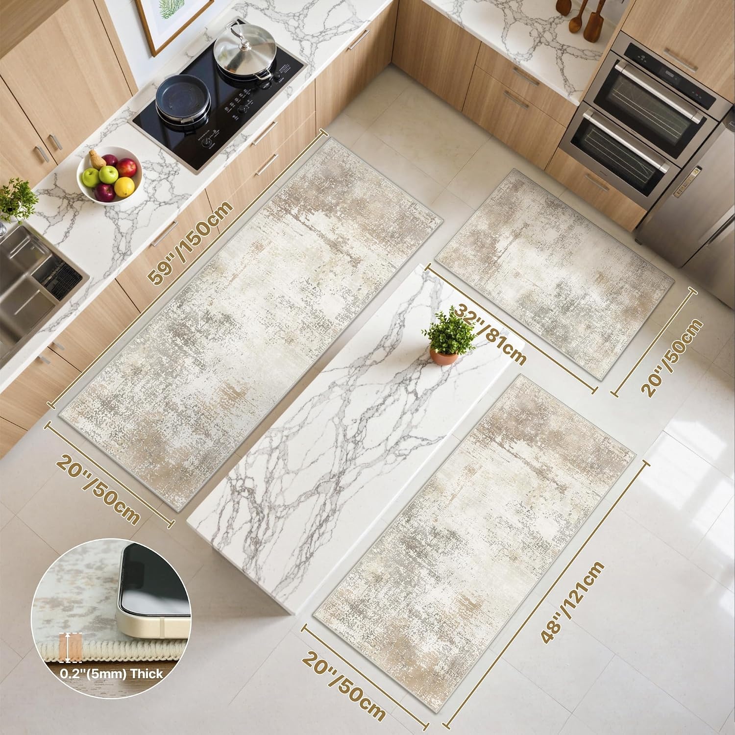 image:imageGENIMO Kitchen Rugs Large Washable Non Slip Kitchen Mats for Floor  48x72 Green vintage abstract rug soft faux cashmere low pile easyclean for laundry entryway sink farmhouseLight Brown