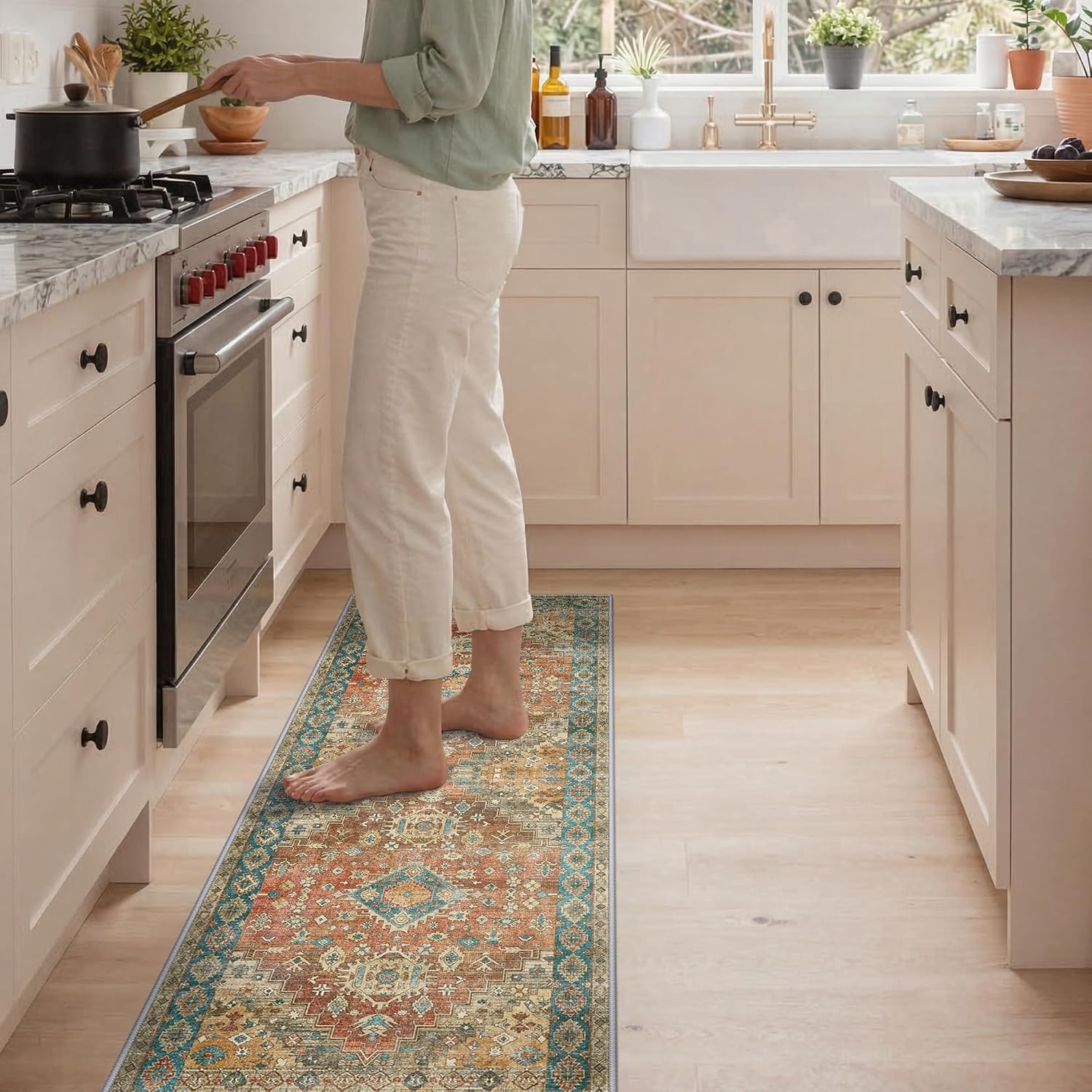 image:imageGENIMO Kitchen Rugs Large Washable Non Slip Kitchen Mats for Floor 48x72 Green vintage abstract rug soft faux cashmere low pile easyclean for laundry entryway sink farmhouseRetrobrick