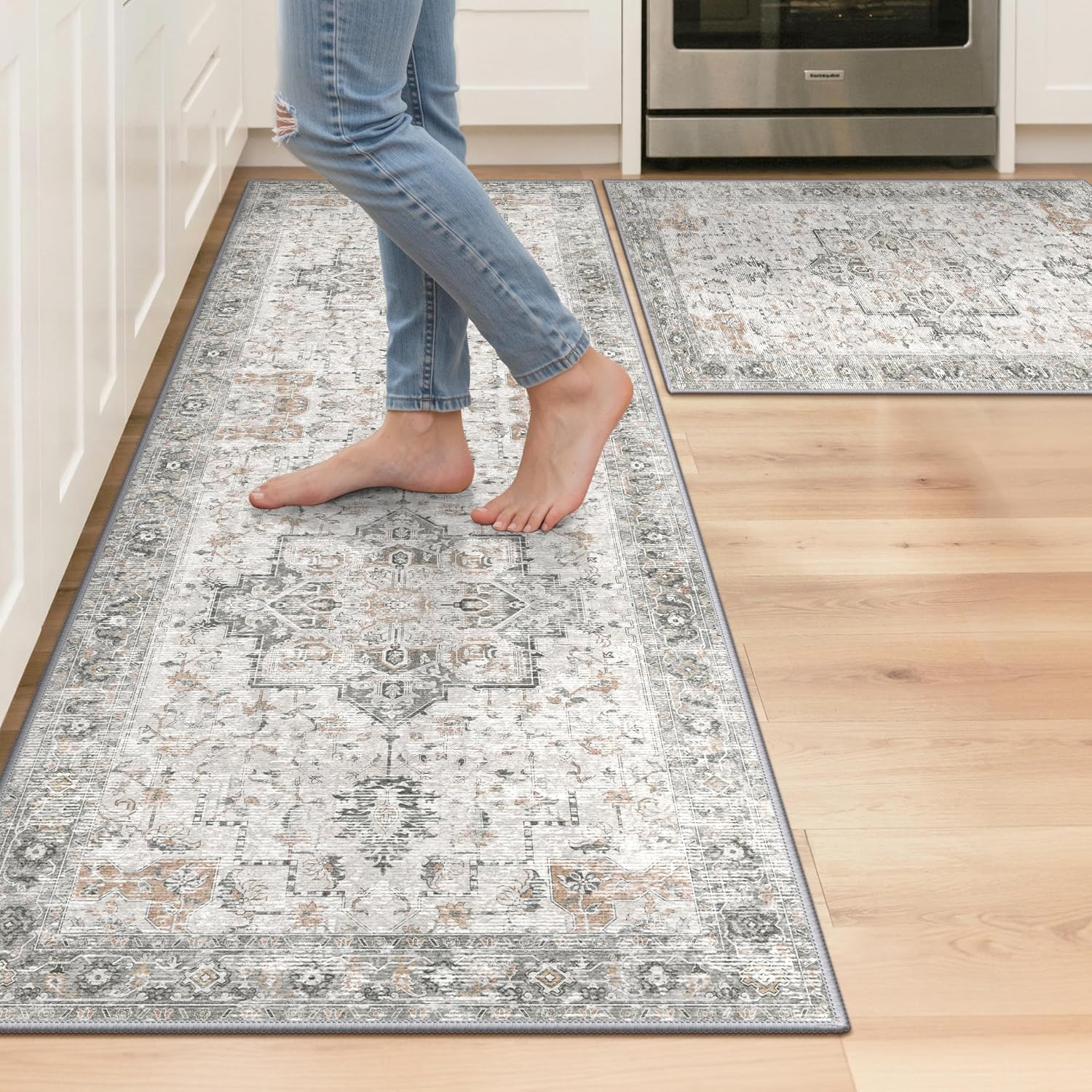 image:imageGENIMO Kitchen Rugs Large Washable Non Slip Kitchen Mats for Floor 48x72 Green vintage abstract rug soft faux cashmere low pile easyclean for laundry entryway sink farmhouseLight Taupe Brown