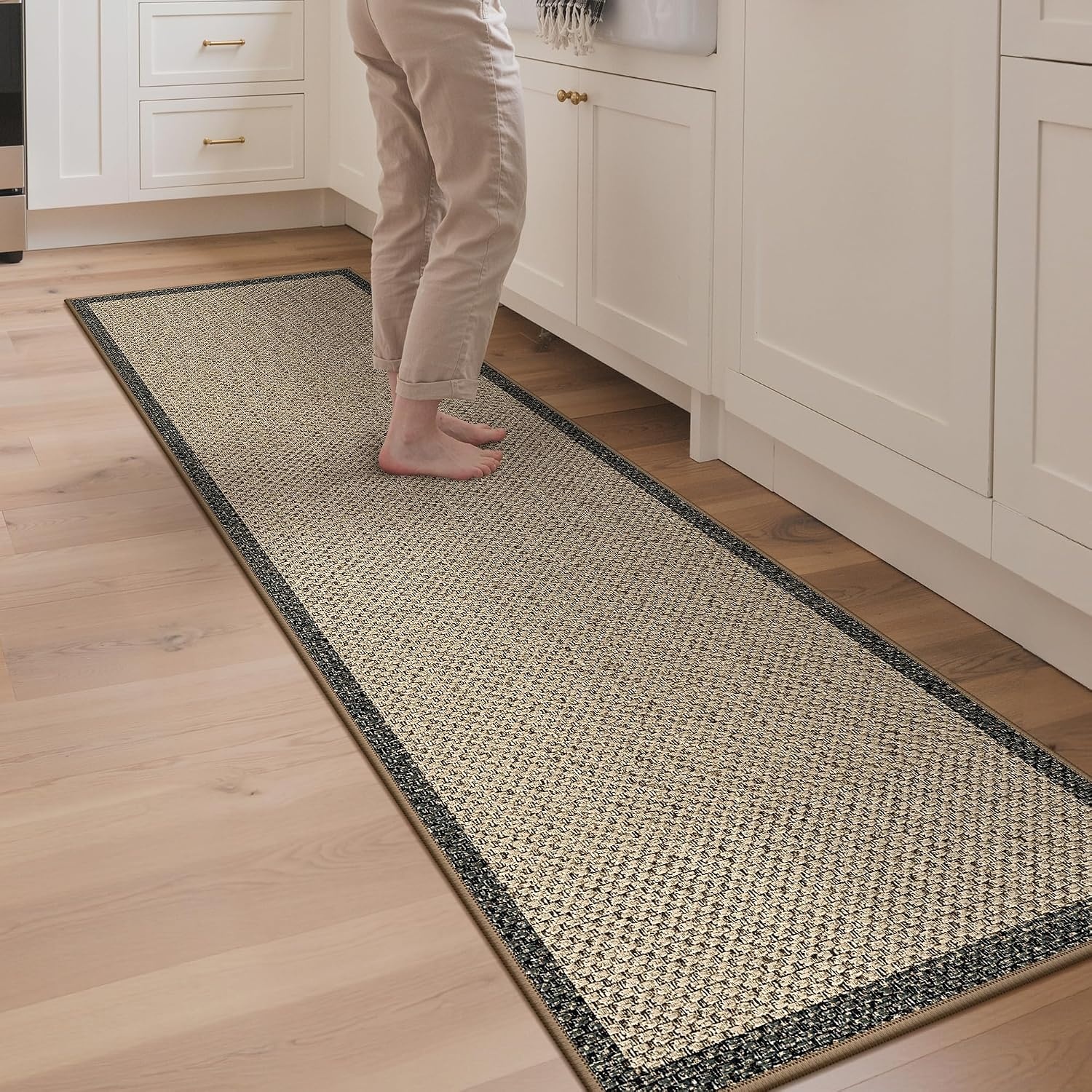 image:imageGENIMO Kitchen Rugs Large Washable Non Slip Kitchen Mats for Floor 48x72 Green vintage abstract rug soft faux cashmere low pile easyclean for laundry entryway sink farmhouseBeige Border