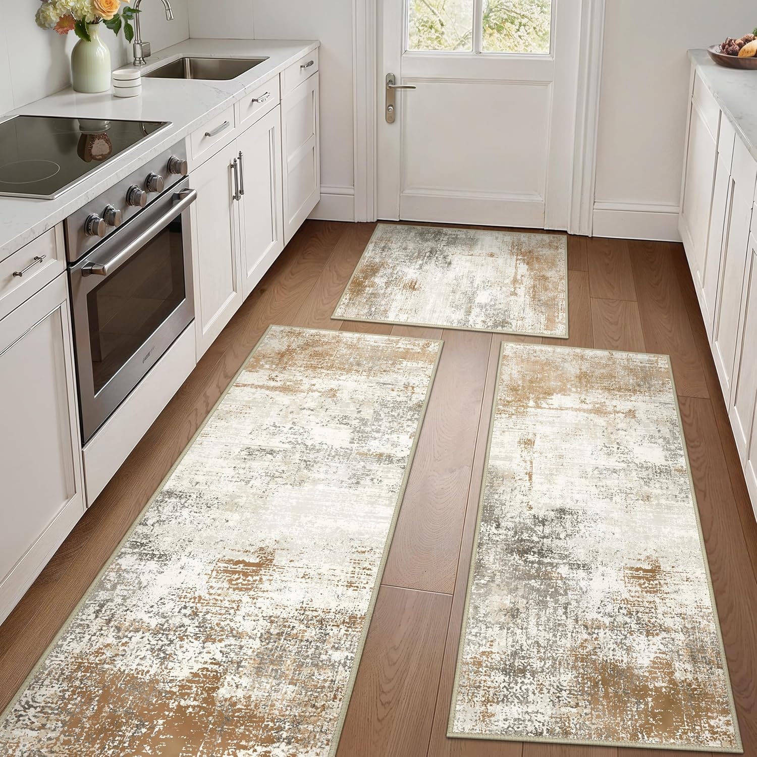 image:imageGENIMO Kitchen Rugs Large Washable Non Slip Kitchen Mats for Floor 48x72 Green vintage abstract rug soft faux cashmere low pile easyclean for laundry entryway sink farmhouseBeige Brown
