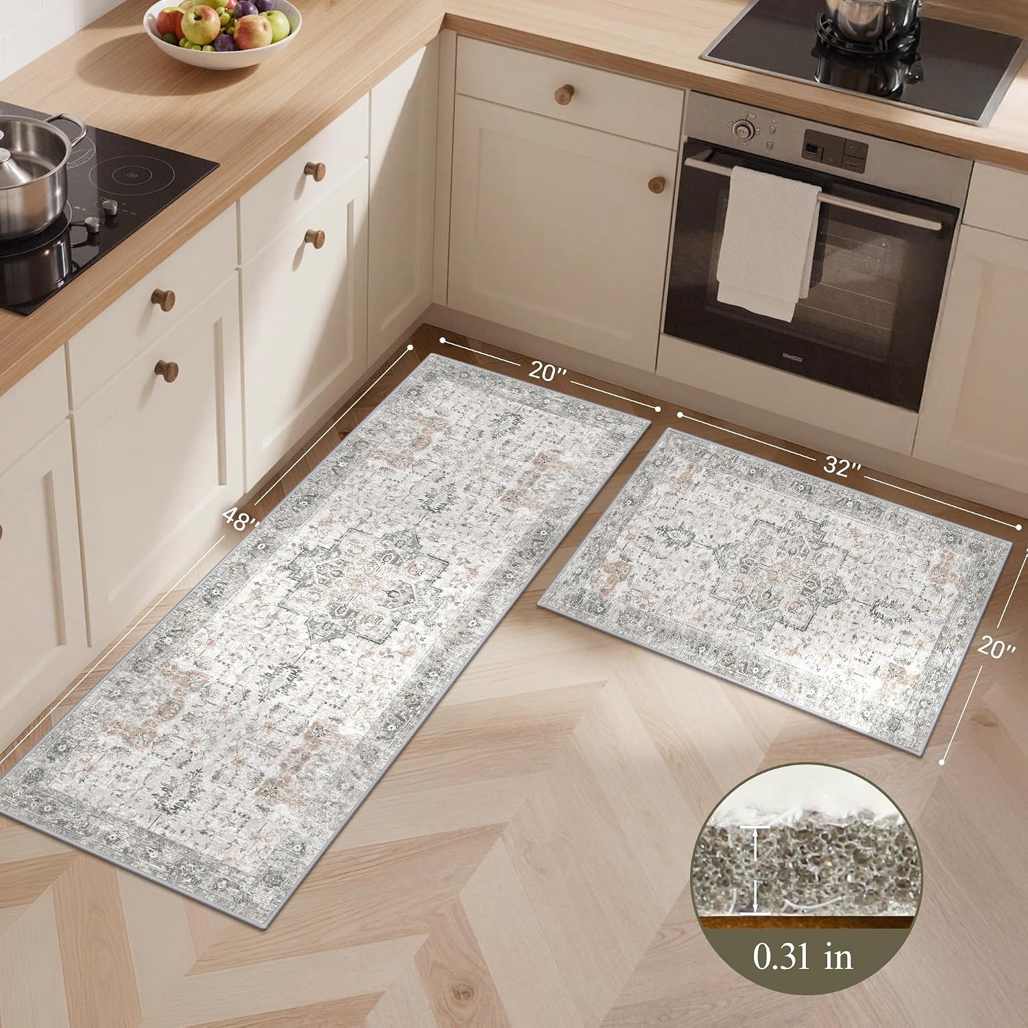 image:imageGENIMO Kitchen Rugs Large Washable Non Slip Kitchen Mats for Floor 48x72 Green vintage abstract rug soft faux cashmere low pile easyclean for laundry entryway sink farmhouseLight Taupe Brown