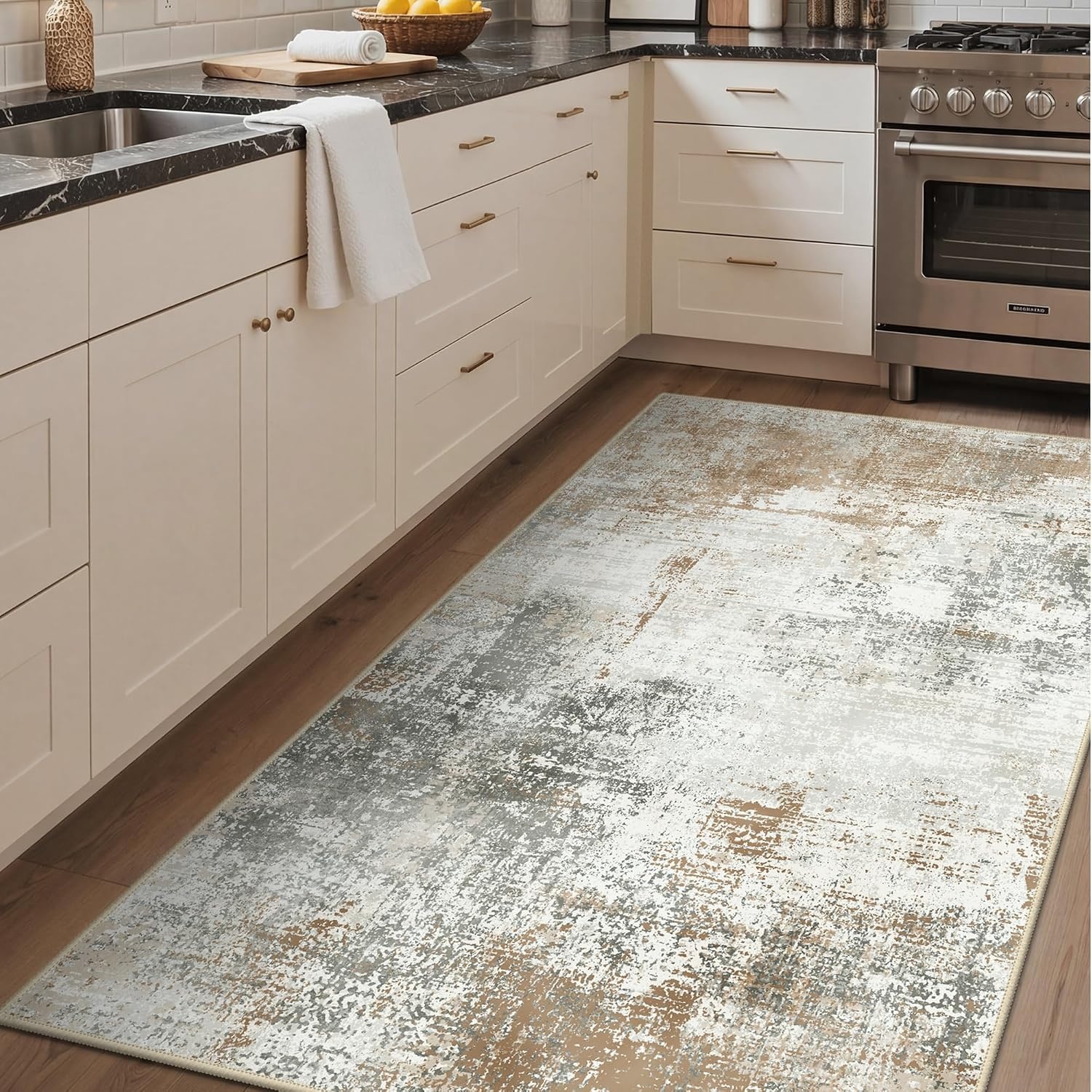 image:imageGENIMO Kitchen Rugs Large Washable Non Slip Kitchen Mats for Floor 48x72 Green vintage abstract rug soft faux cashmere low pile easyclean for laundry entryway sink farmhouseBeige Brown