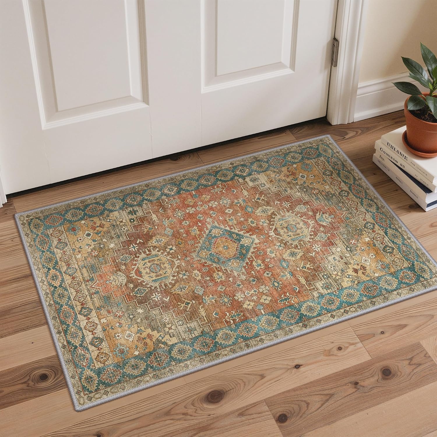 image:imageGENIMO Kitchen Rugs Large Washable Non Slip Kitchen Mats for Floor 48x72 Green vintage abstract rug soft faux cashmere low pile easyclean for laundry entryway sink farmhouseRetrobrick