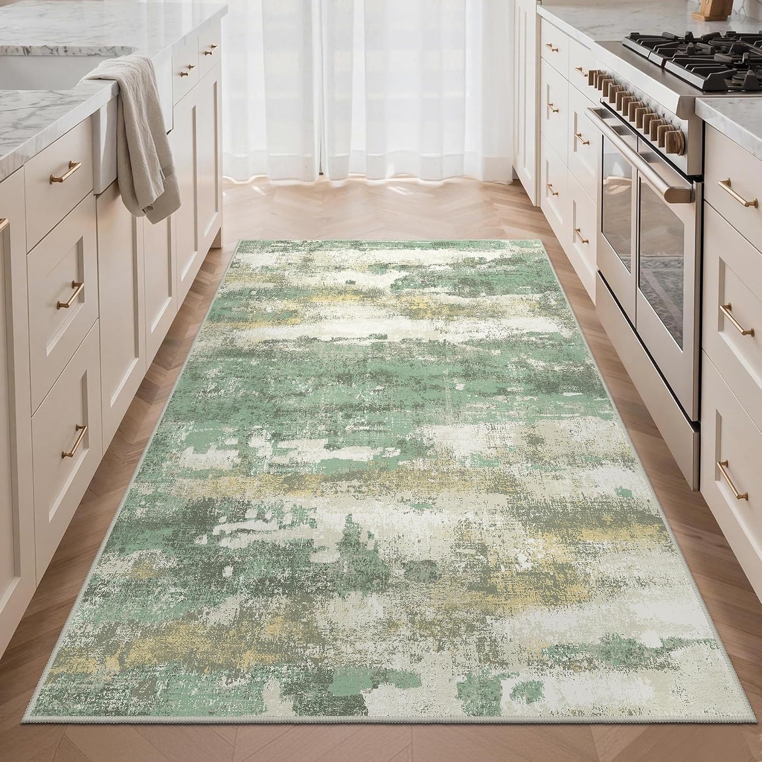 image:imageGENIMO Kitchen Rugs Large Washable Non Slip Kitchen Mats for Floor 48x72 Green vintage abstract rug soft faux cashmere low pile easyclean for laundry entryway sink farmhouseGreen