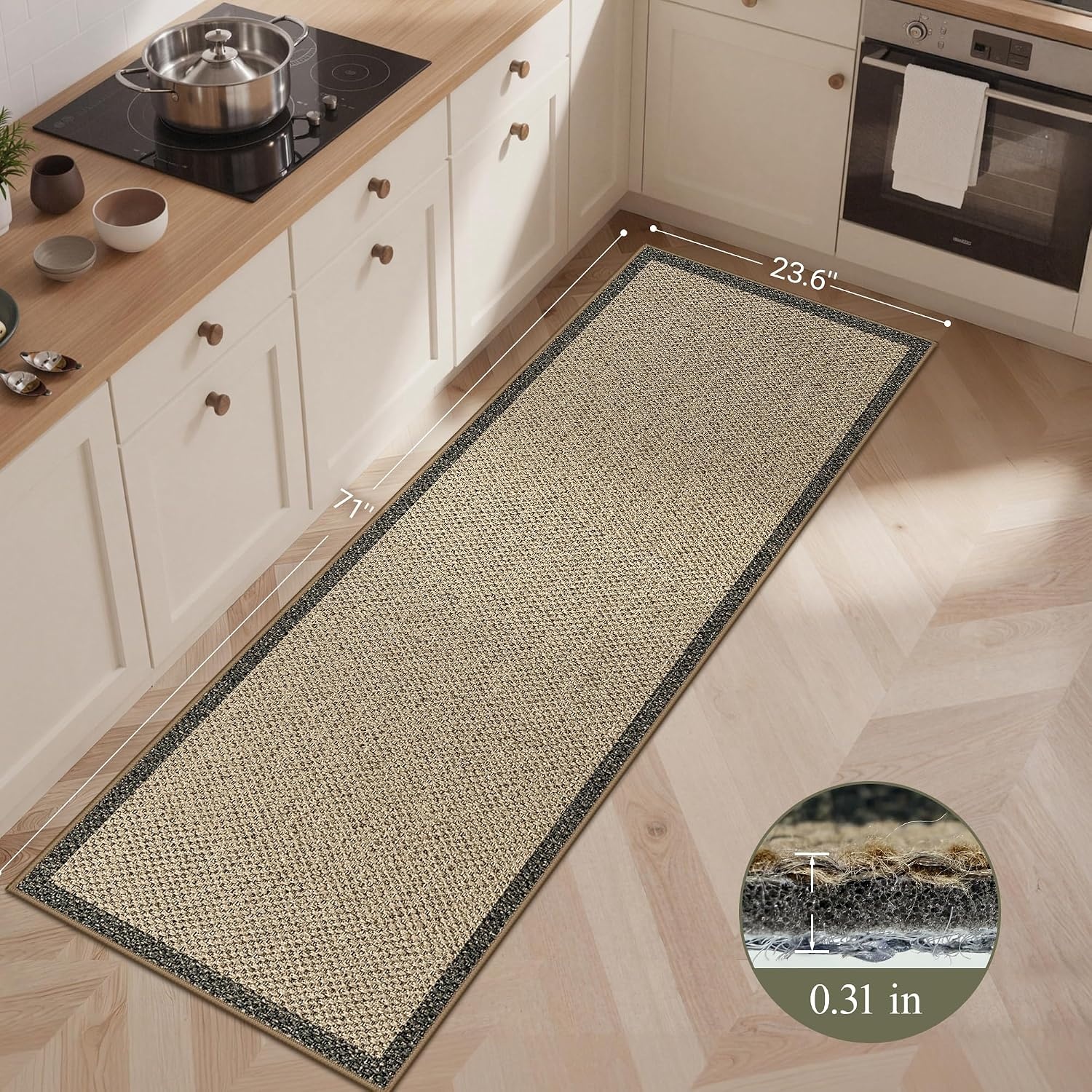 image:imageGENIMO Kitchen Rugs Large Washable Non Slip Kitchen Mats for Floor 48x72 Green vintage abstract rug soft faux cashmere low pile easyclean for laundry entryway sink farmhouseBeige Border
