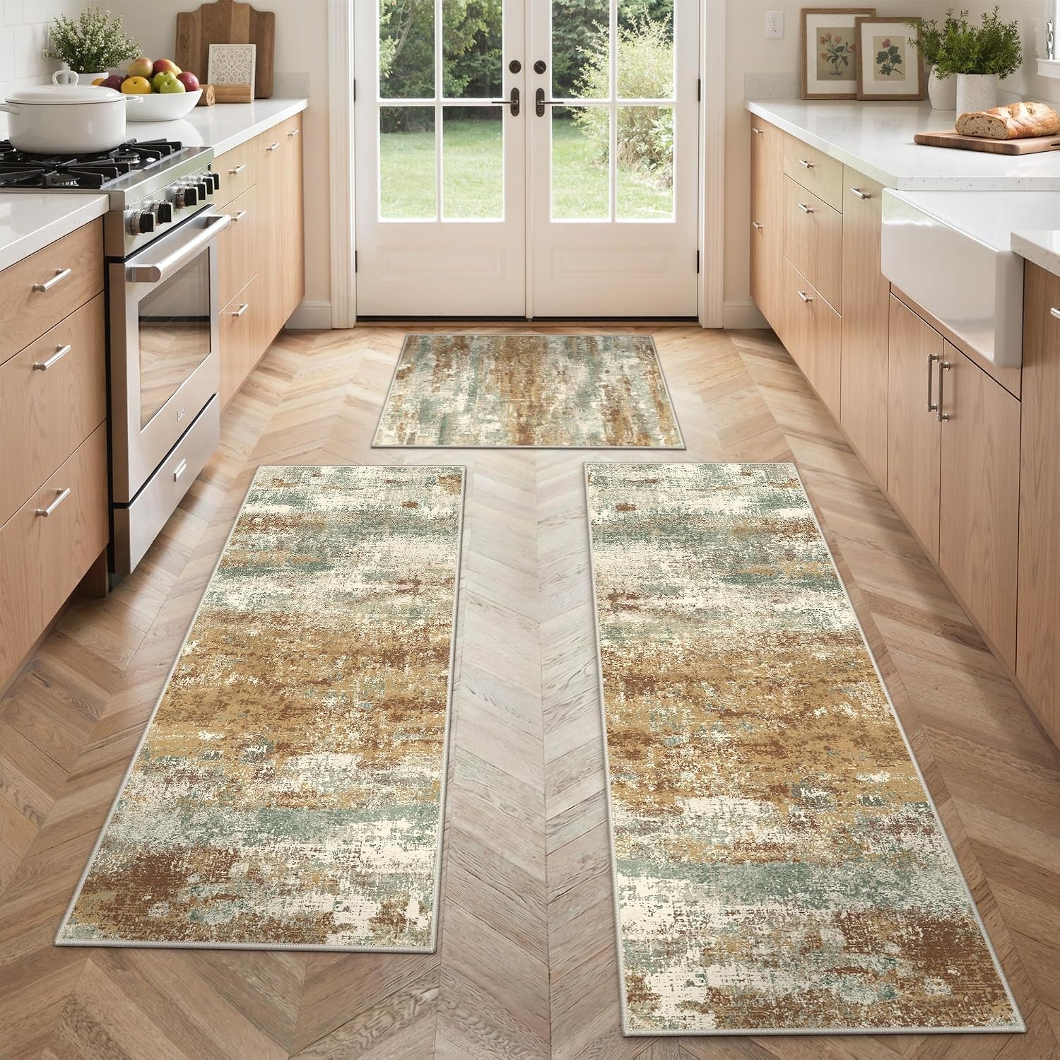 image:imageGENIMO Kitchen Rugs Large Washable Non Slip Kitchen Mats for Floor 48x72 Green vintage abstract rug soft faux cashmere low pile easyclean for laundry entryway sink farmhouseOrange Green
