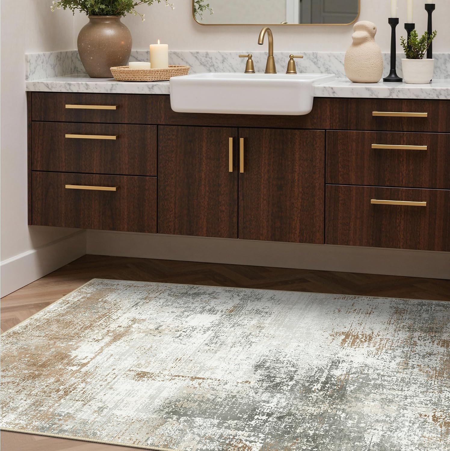 image:imageGENIMO Kitchen Rugs Large Washable Non Slip Kitchen Mats for Floor 48x72 Green vintage abstract rug soft faux cashmere low pile easyclean for laundry entryway sink farmhouseBeige Brown