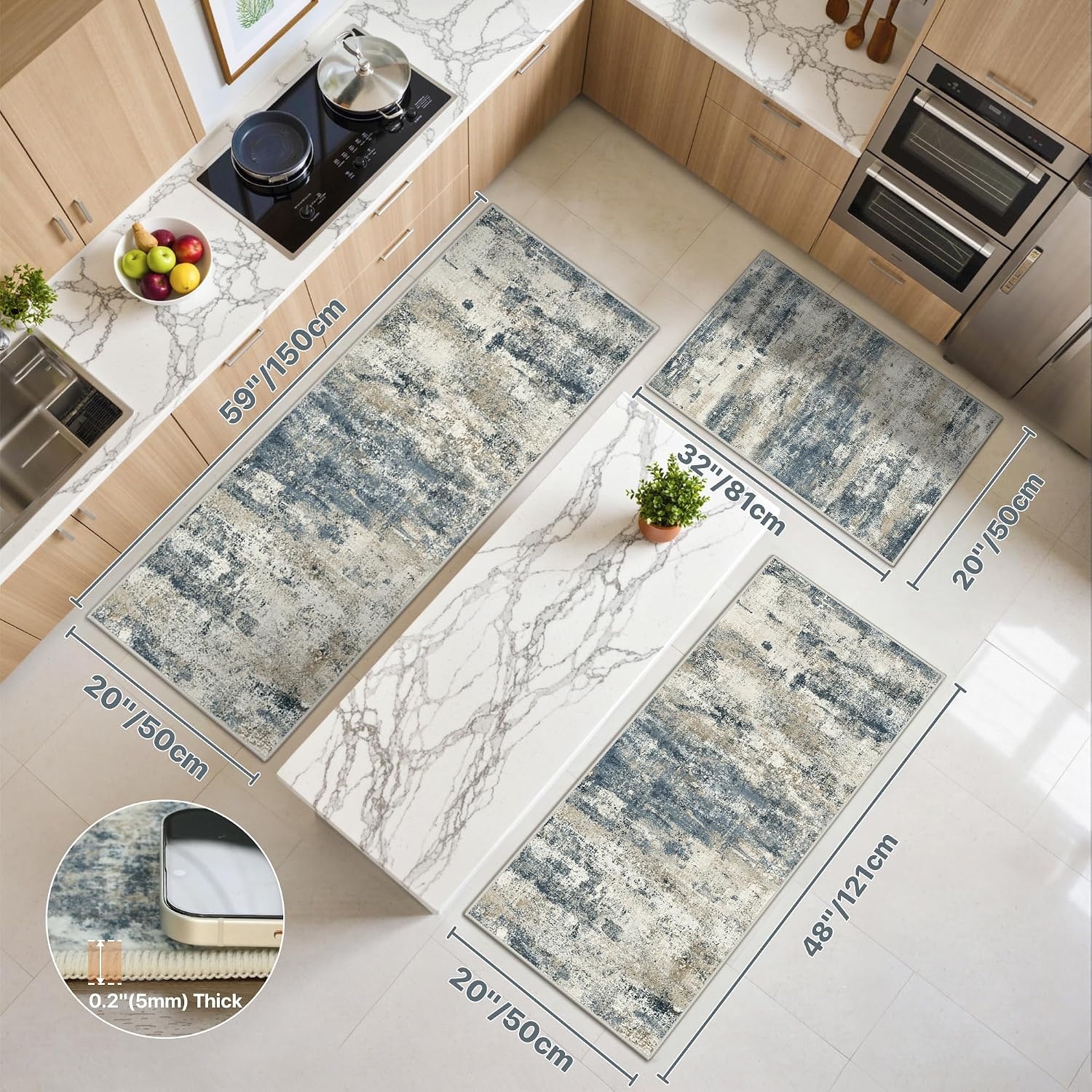 image:imageGENIMO Kitchen Rugs Large Washable Non Slip Kitchen Mats for Floor 48x72 Green vintage abstract rug soft faux cashmere low pile easyclean for laundry entryway sink farmhouseNavy Blue